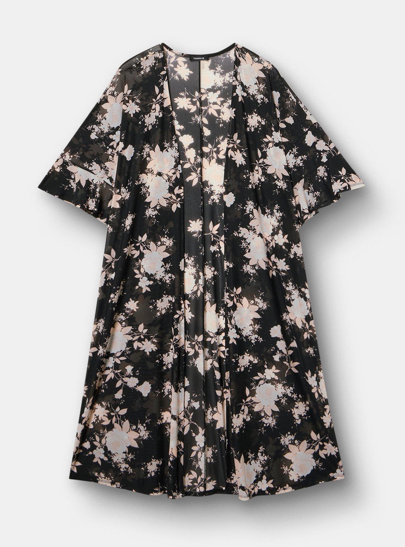 Mesh Ruffle Sleeve Kimono, ILLUMINATED FLORAL BLACK, flat