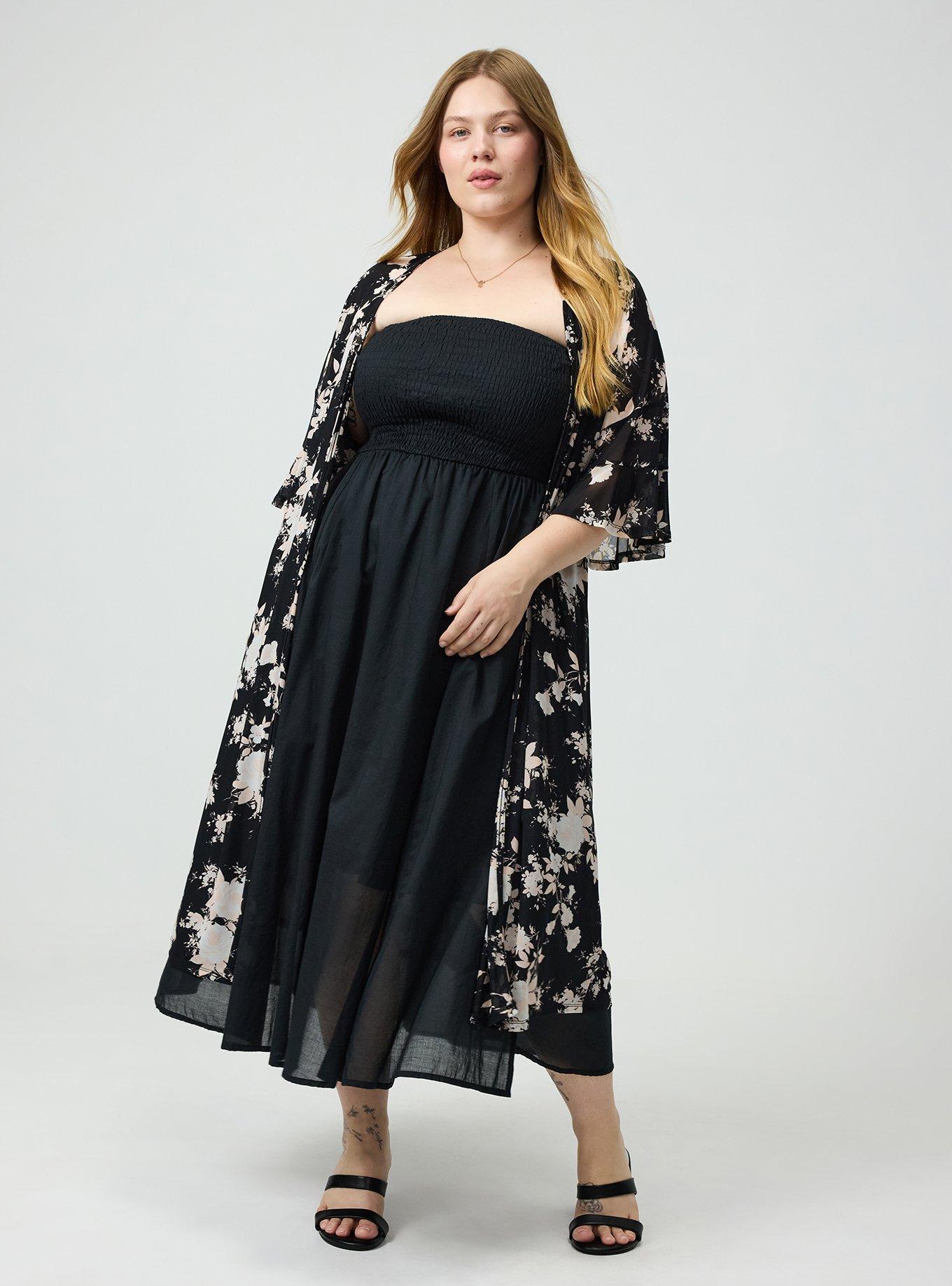 Mesh Ruffle Sleeve Kimono, ILLUMINATED FLORAL BLACK, hi-res