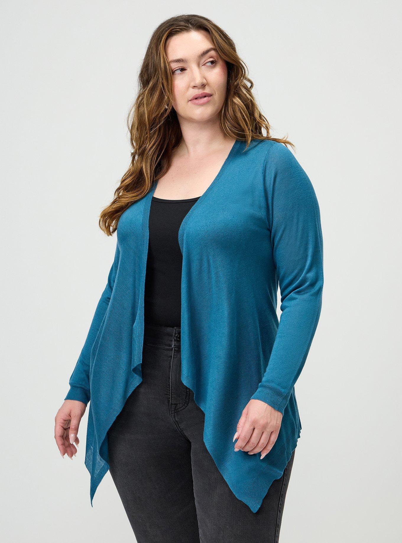 Plus Size Tissue Weight Open Front Cardigan, MALLARD BLUE, hi-res