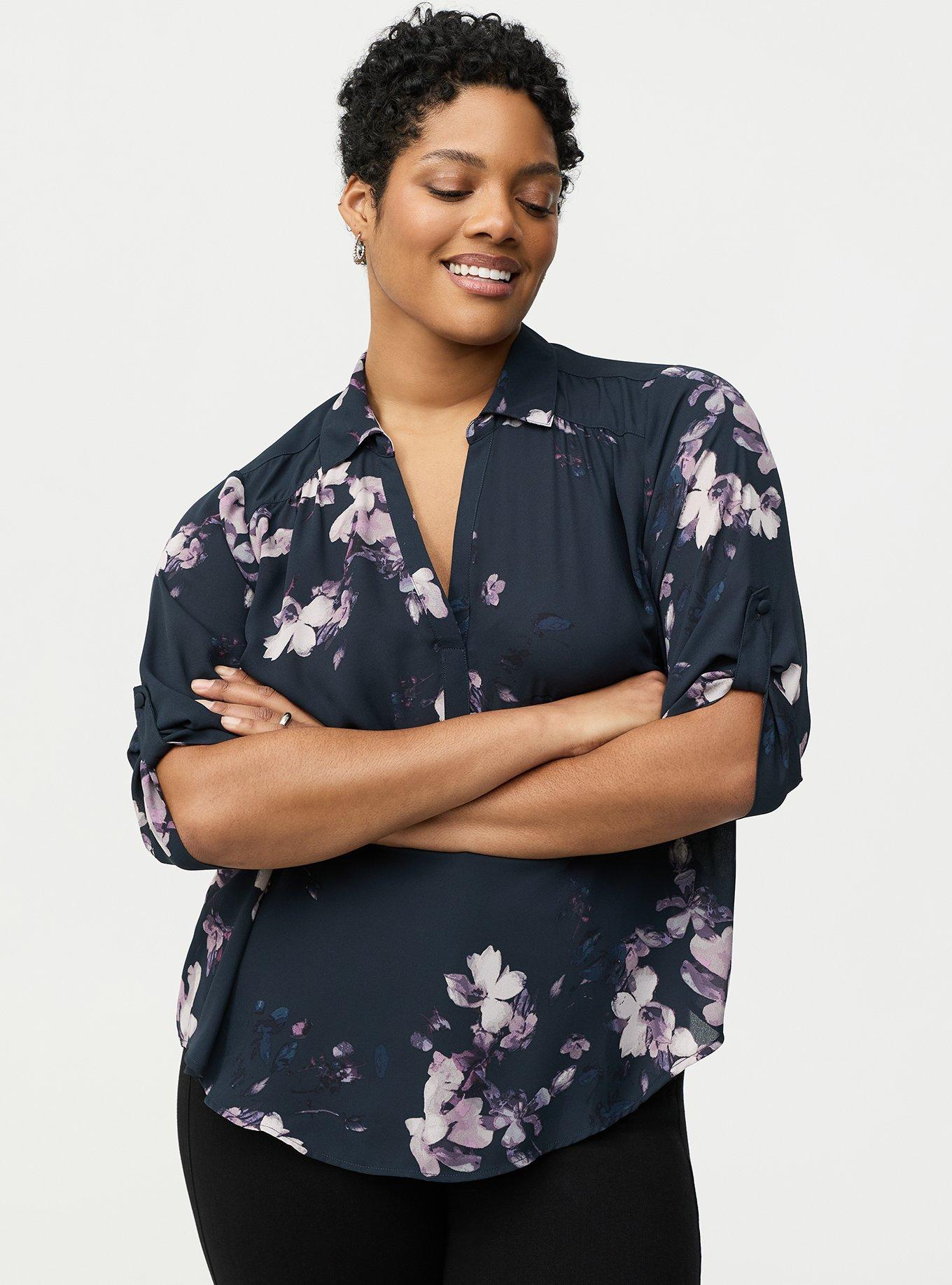 Plus Size Harper Collared 3/4 Sleeve Blouse, MYSTERY FLORAL NAVY, hi-res