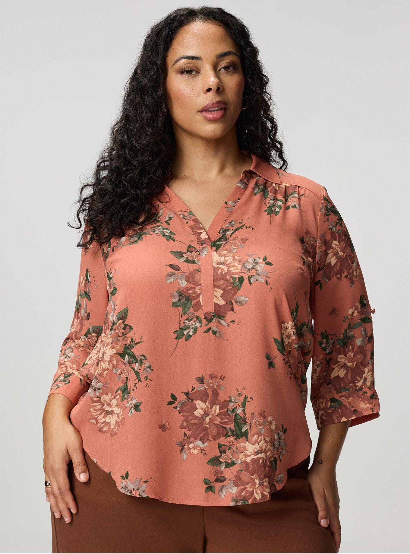 Harper Georgette Pullover 3/4 Sleeve Blouse, CELEBRATION FLORAL ORANGE, hi-res