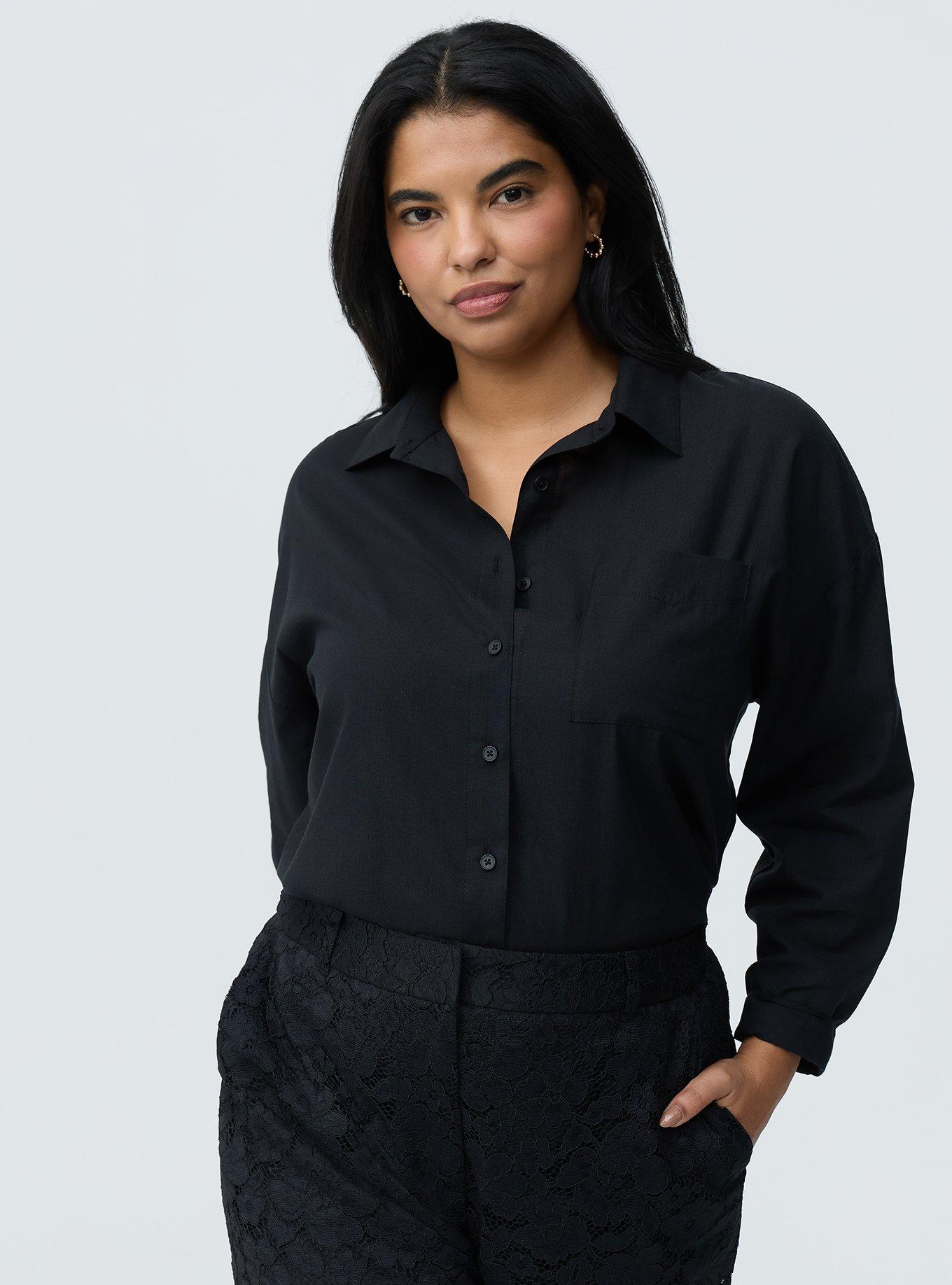 Drop-Shoulder Button-Down Shirt, DEEP BLACK, alternate