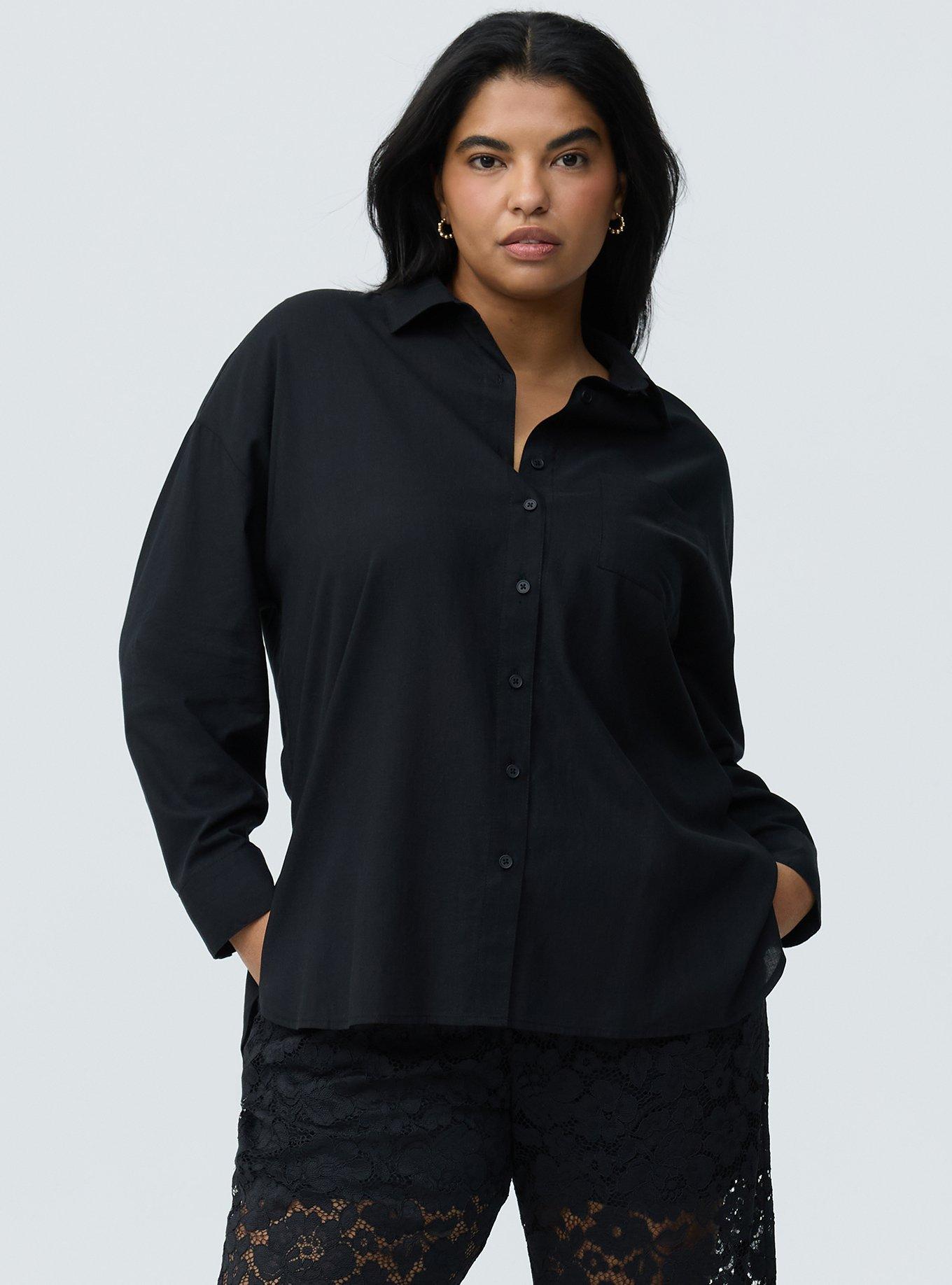 Plus Size Drop-Shoulder Button-Down Shirt, DEEP BLACK, hi-res
