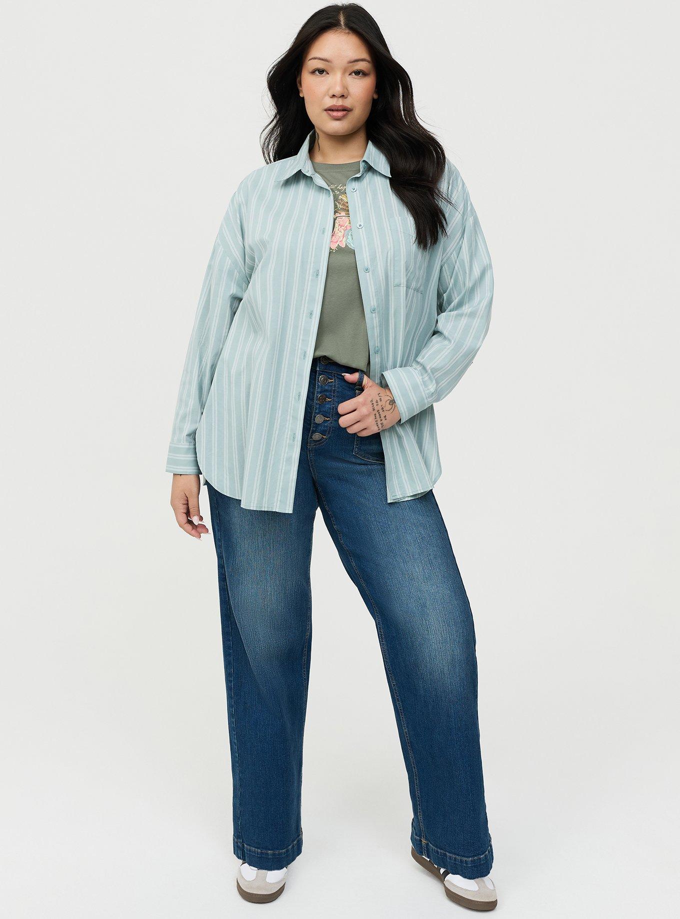 Drop-Shoulder Button-Down Shirt, LANEY STRIPE GREEN, alternate