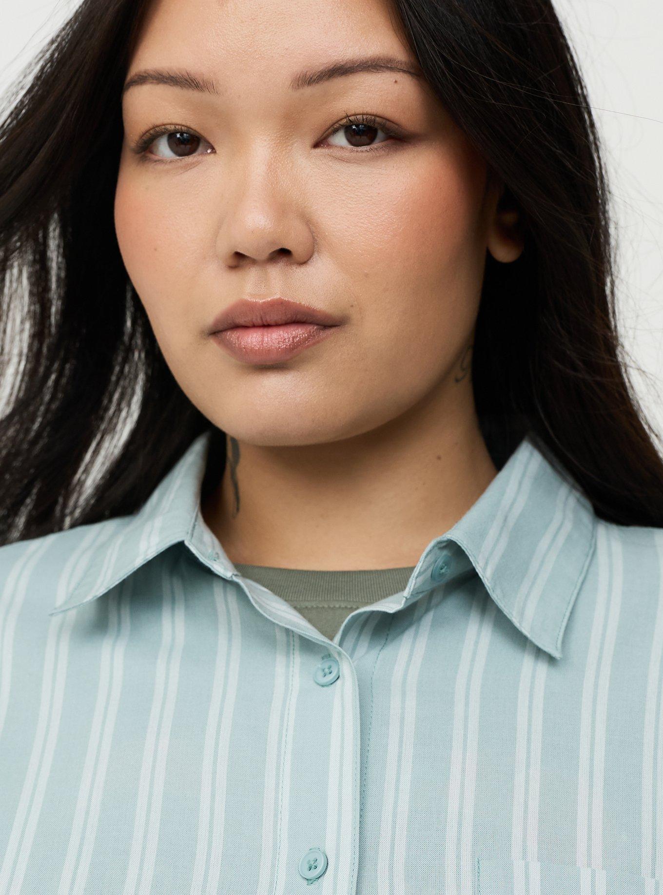 Drop-Shoulder Button-Down Shirt, LANEY STRIPE GREEN, alternate