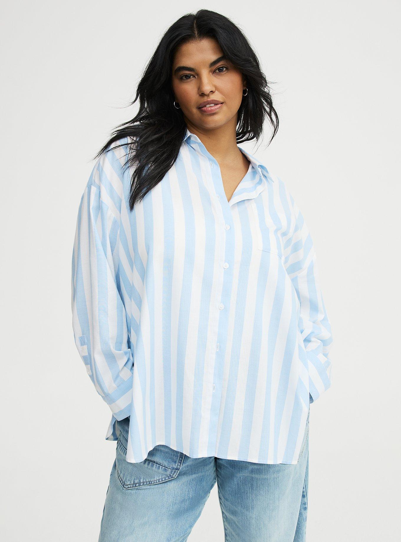 Drop-Shoulder Button-Up Shirt, ARISE STRIPE BLUE, hi-res