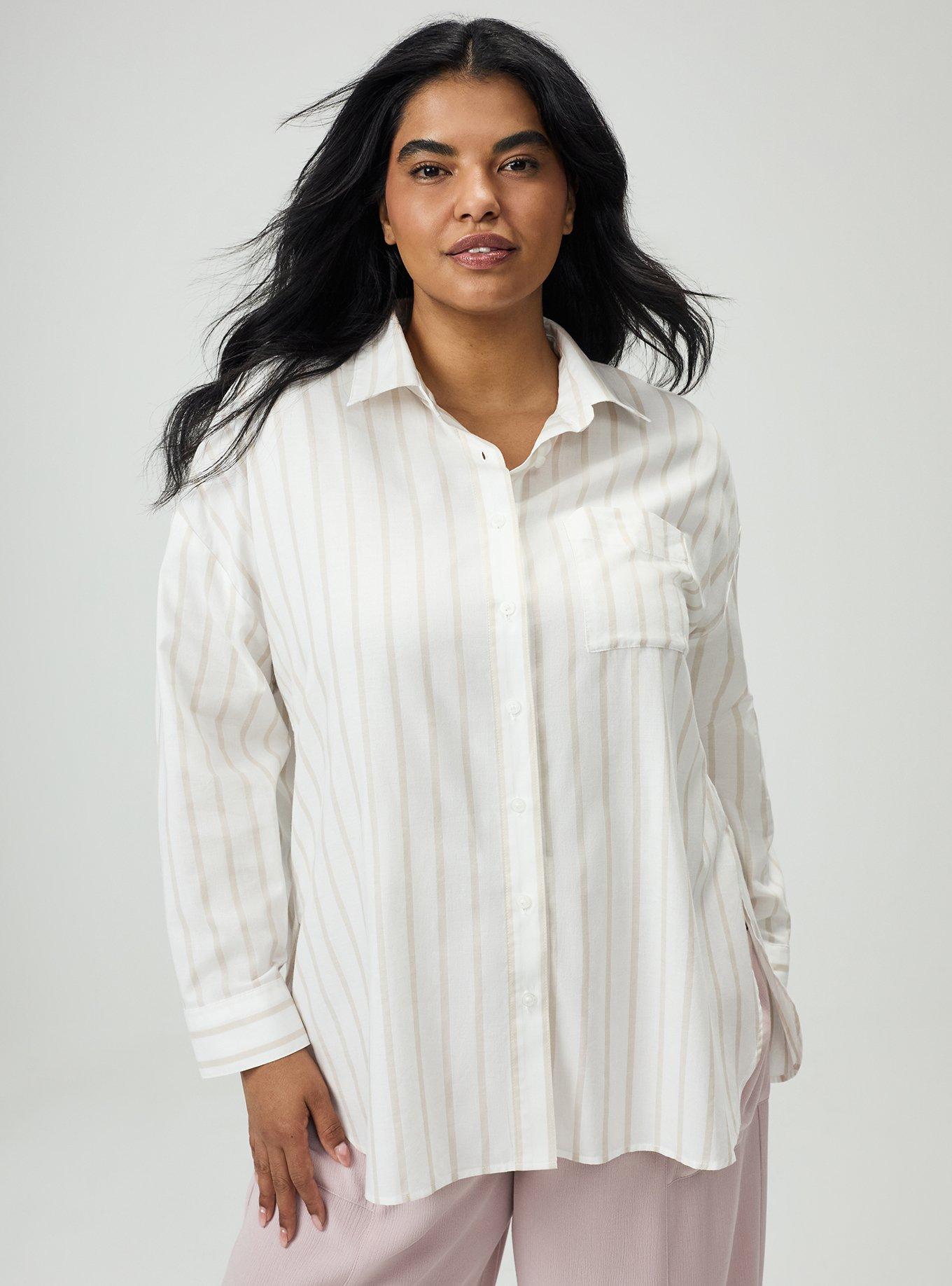 Drop-Shoulder Button-Down Shirt, IONE STRIPE TAN, alternate