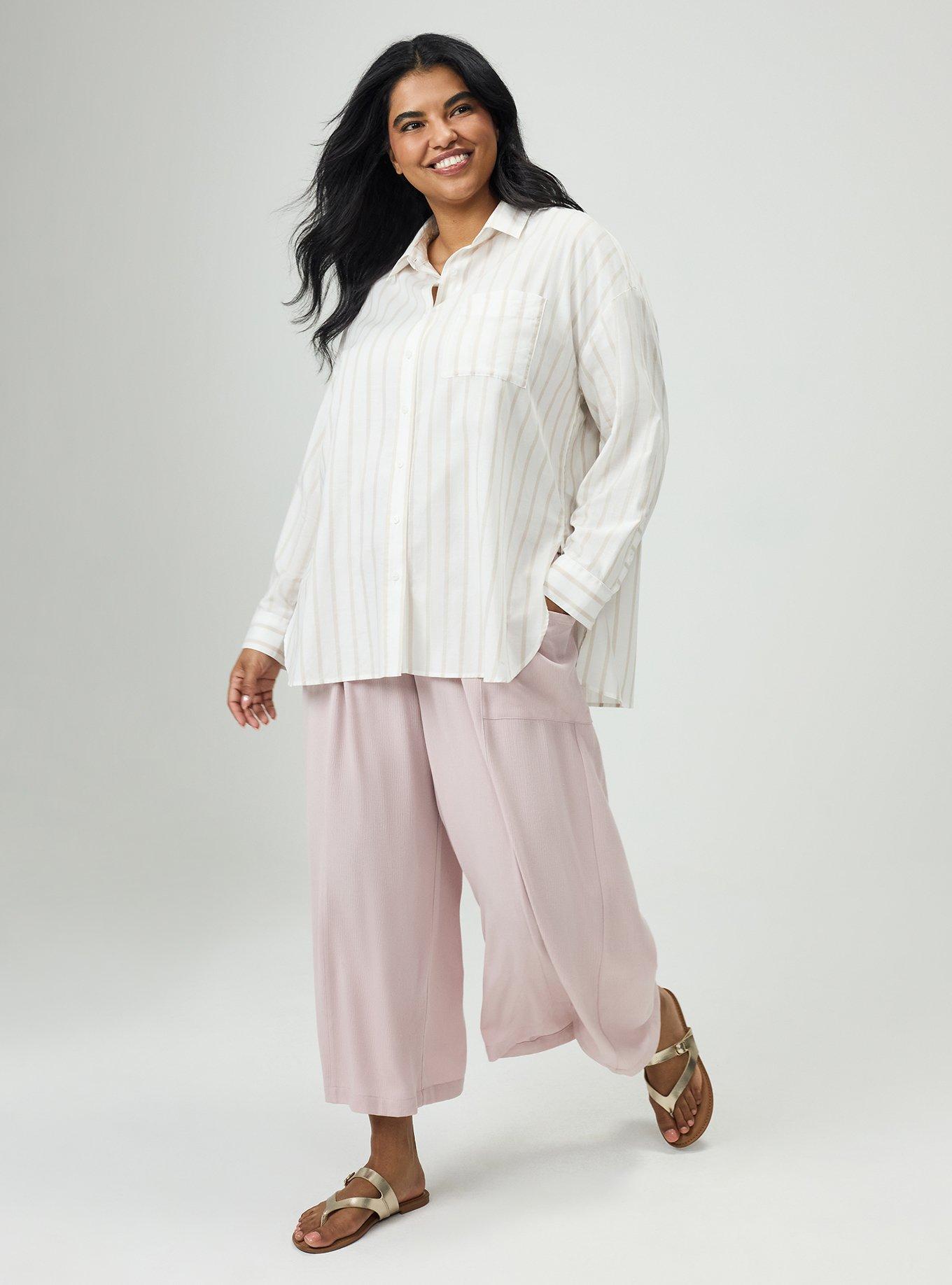 Drop-Shoulder Button-Down Shirt, IONE STRIPE TAN, hi-res