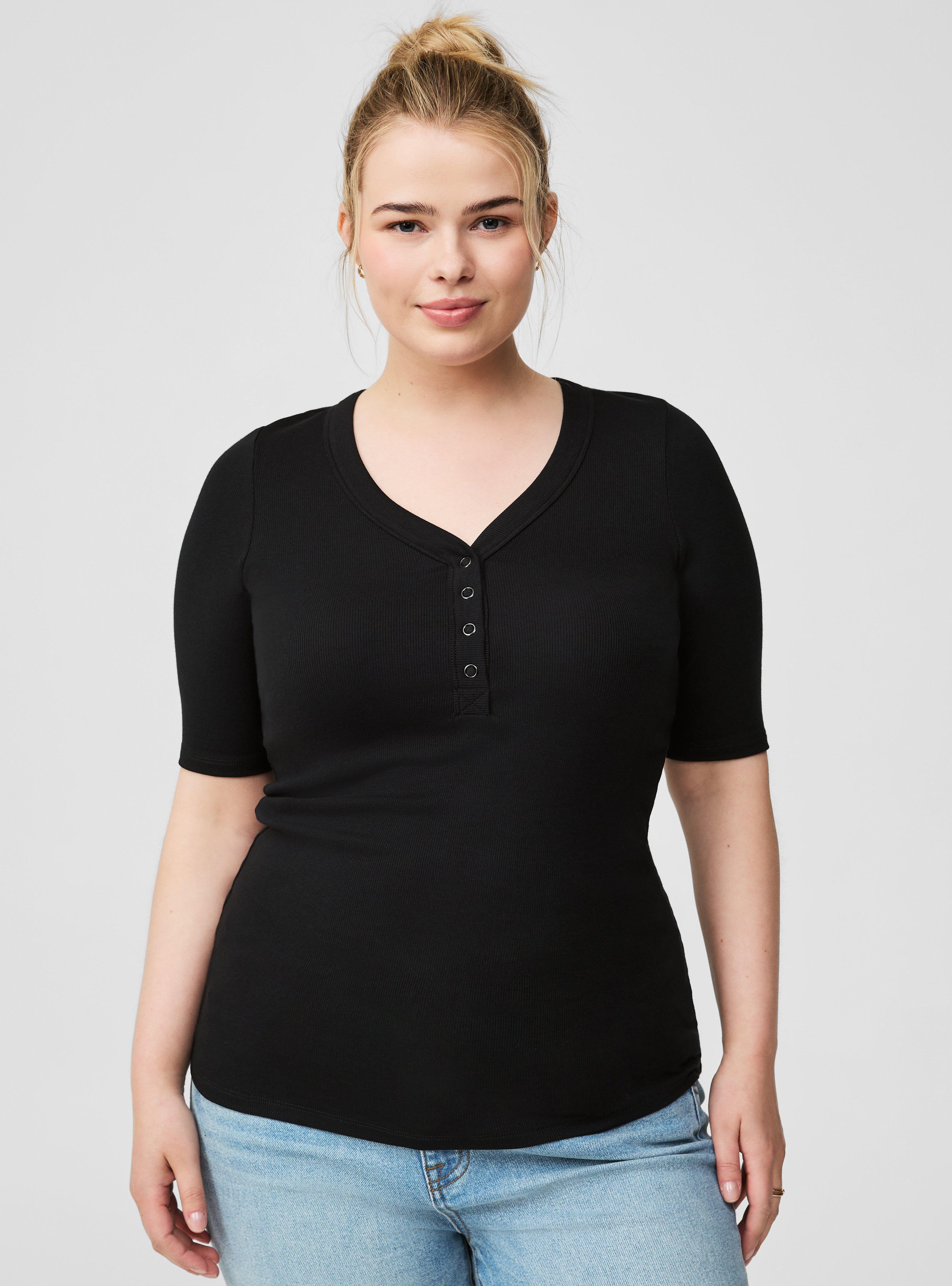 Ribbed Curved Henley Elbow Sleeve Top