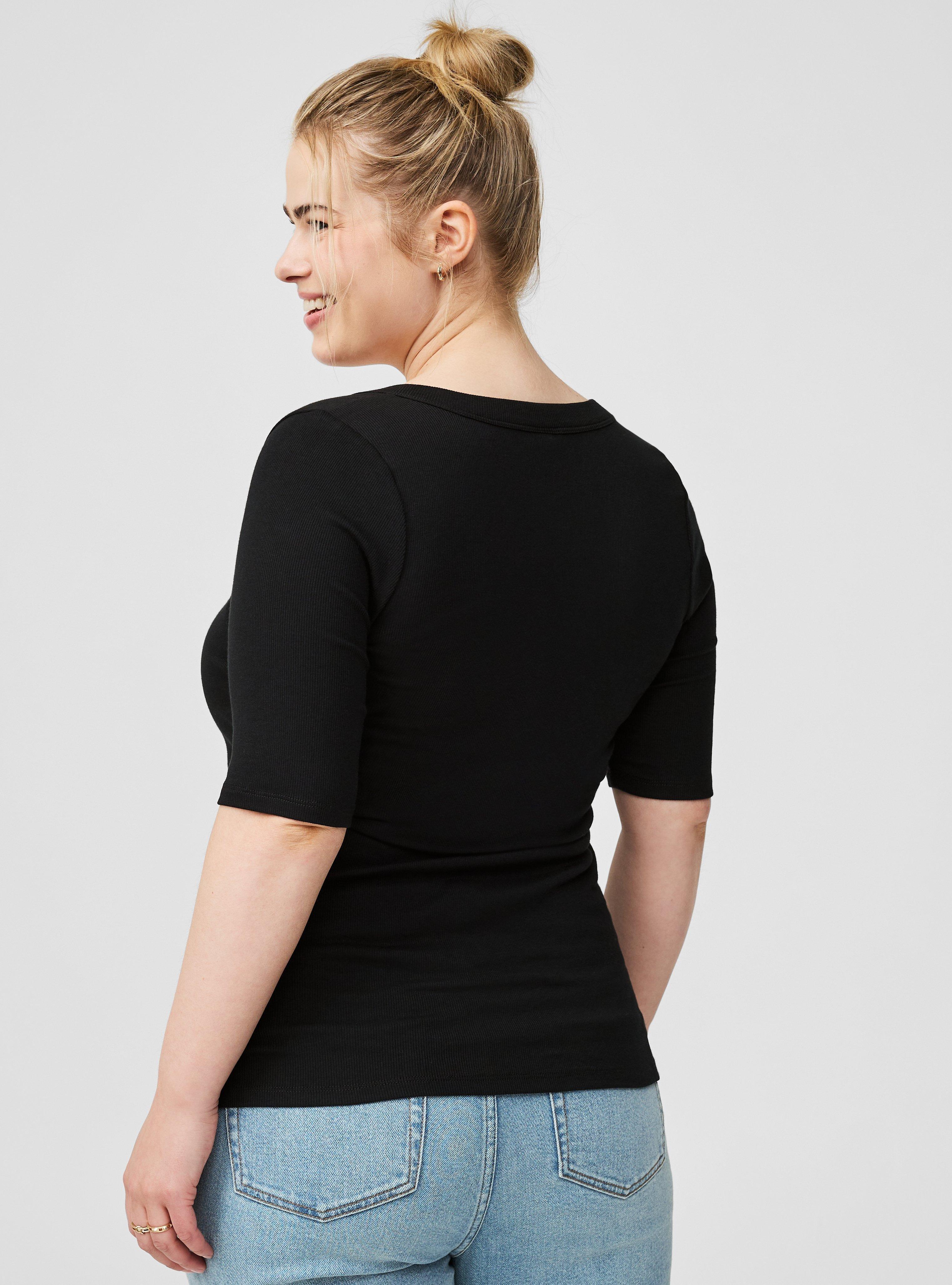 Ribbed Curved Henley Elbow Sleeve Top, DEEP BLACK, alternate