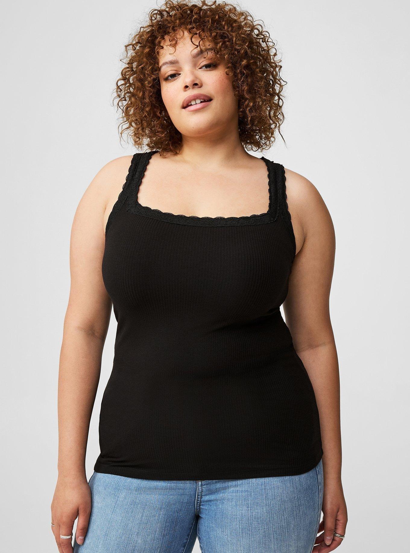Plus Size Super Soft Rib Square Neck Lace Trim Tank, DEEP BLACK, alternate