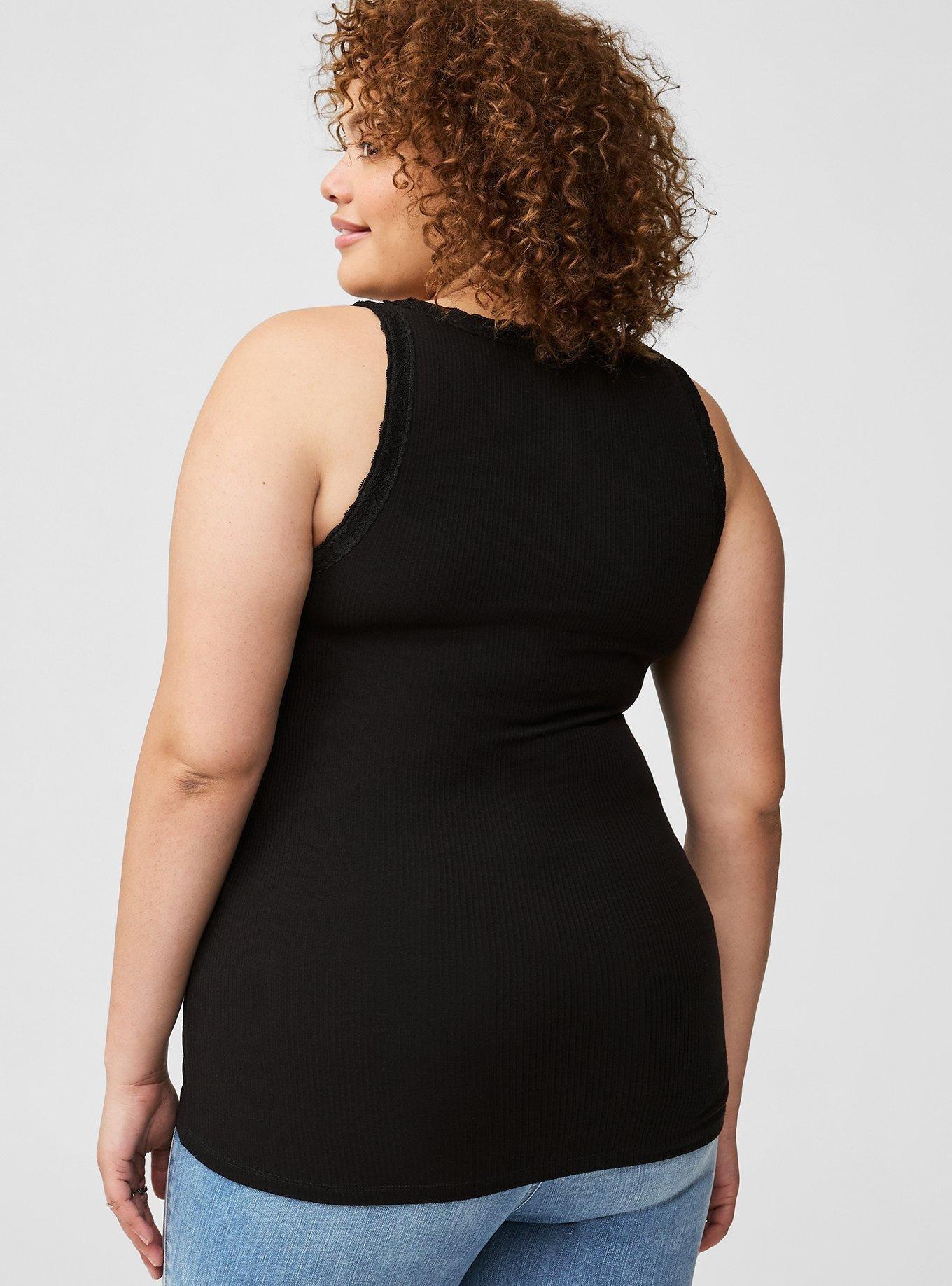Plus Size Super Soft Rib Square Neck Lace Trim Tank, DEEP BLACK, alternate