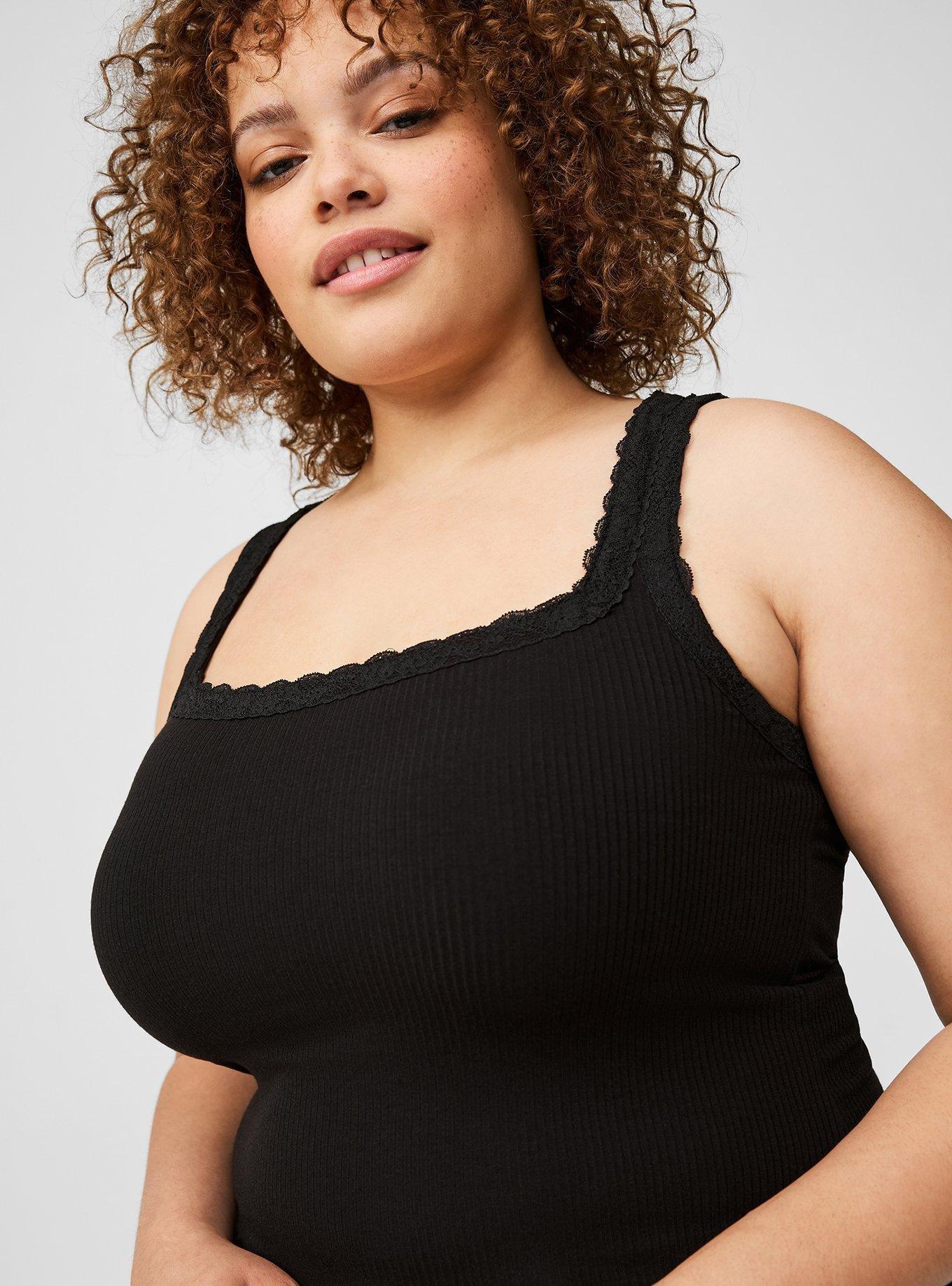 Plus Size Super Soft Rib Square Neck Lace Trim Tank, DEEP BLACK, alternate