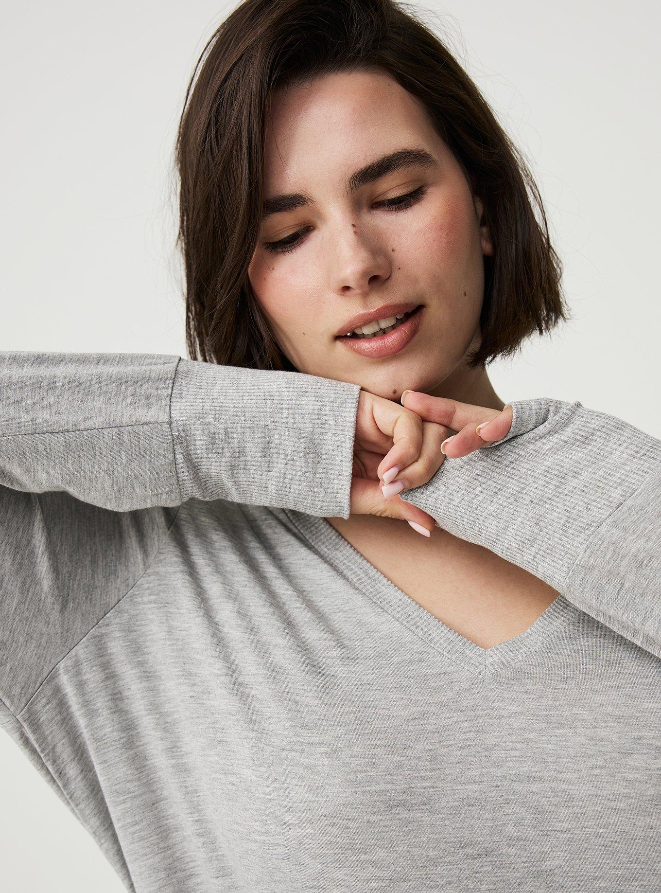 Super Soft Mixed Texture V-Neck Lounge Tee, LIGHTEST HEATHER GREY, alternate