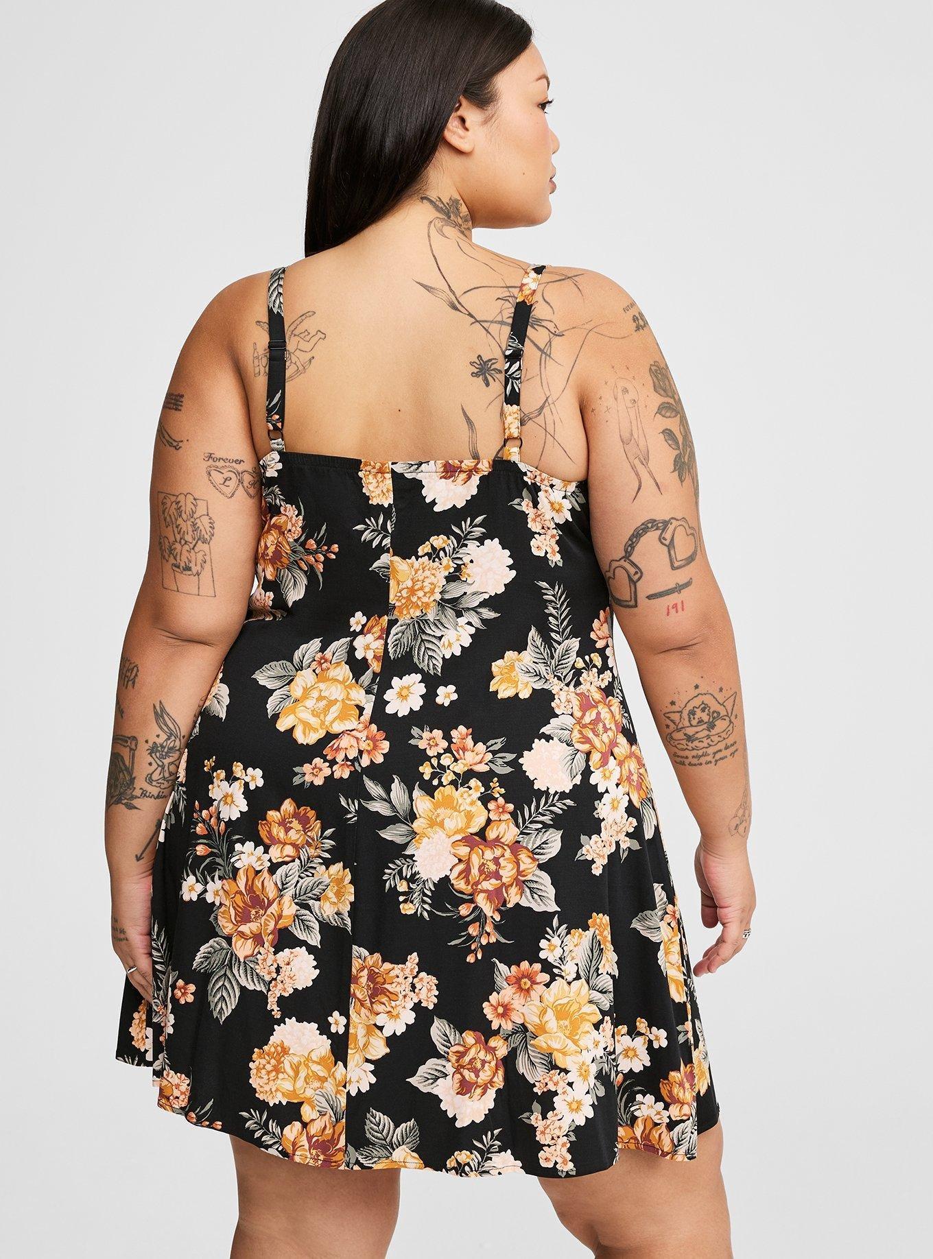 Mini Stretch Challis Slip Dress, GOLDEN ROSES FLORAL DEEP BLACK, alternate