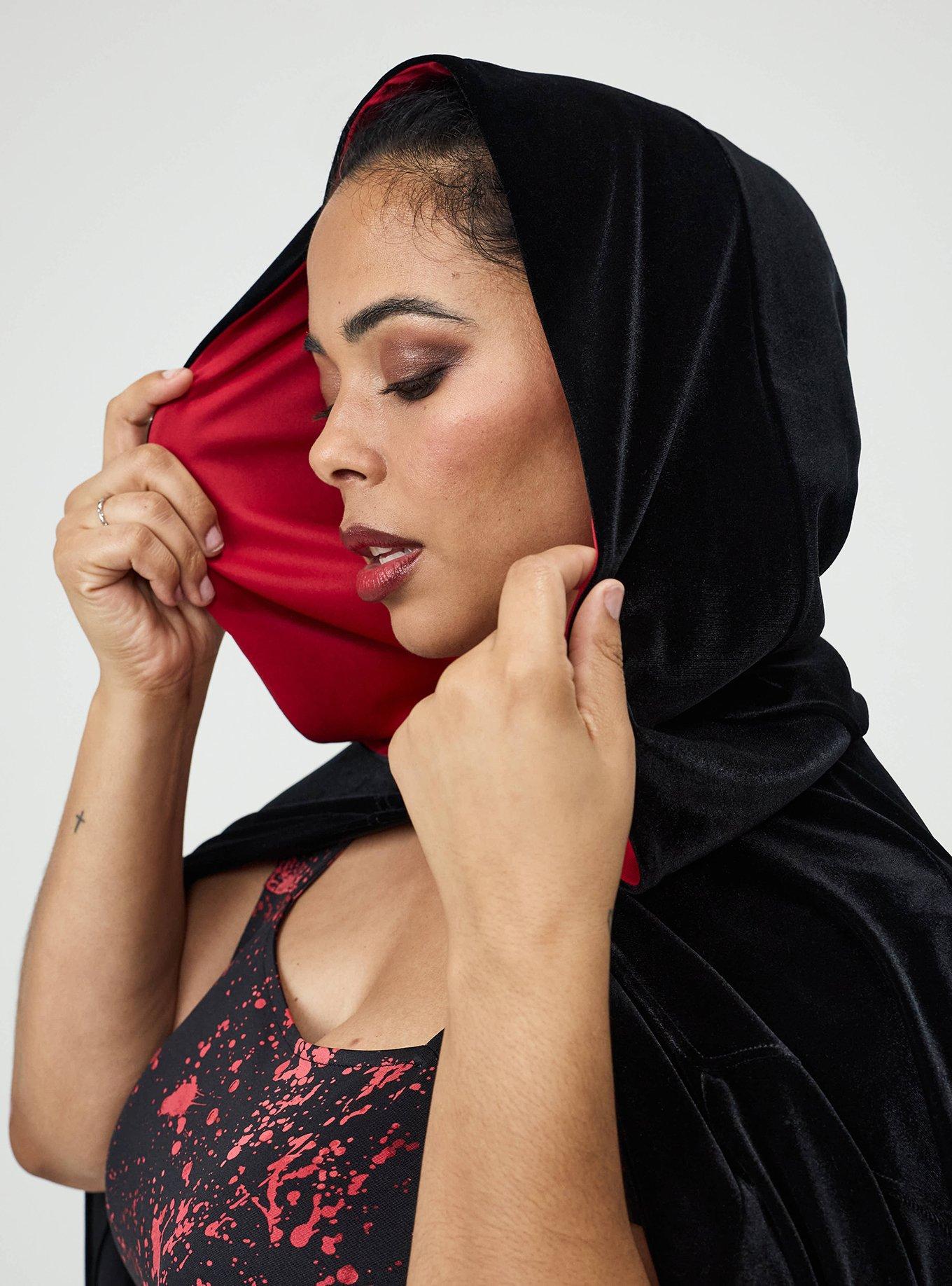 Halloween Velvet Short Cloak, DEEP BLACK RED, alternate