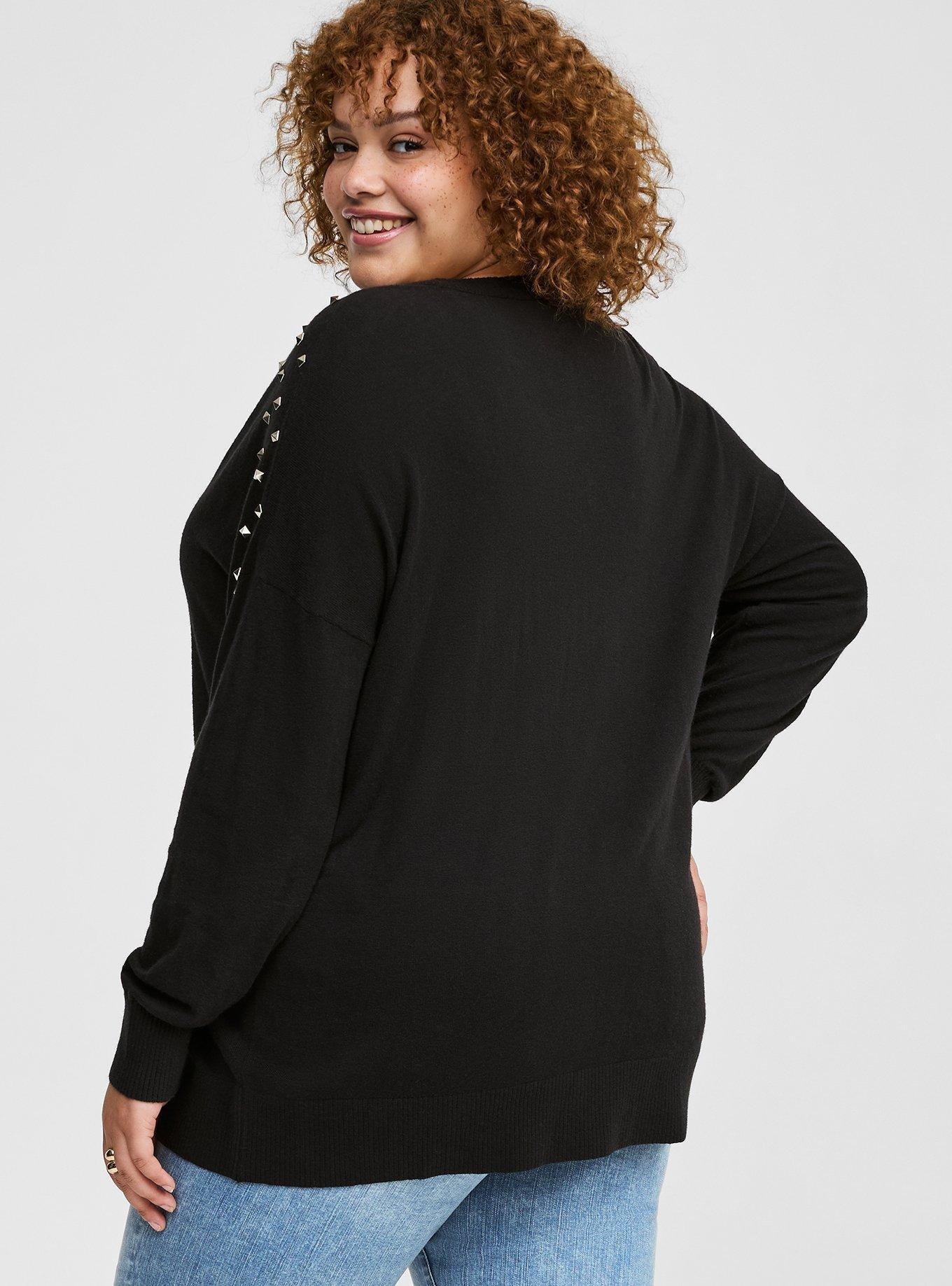 Cotton Boyfriend Studded Drop Shoulder Cardigan, DEEP BLACK, alternate