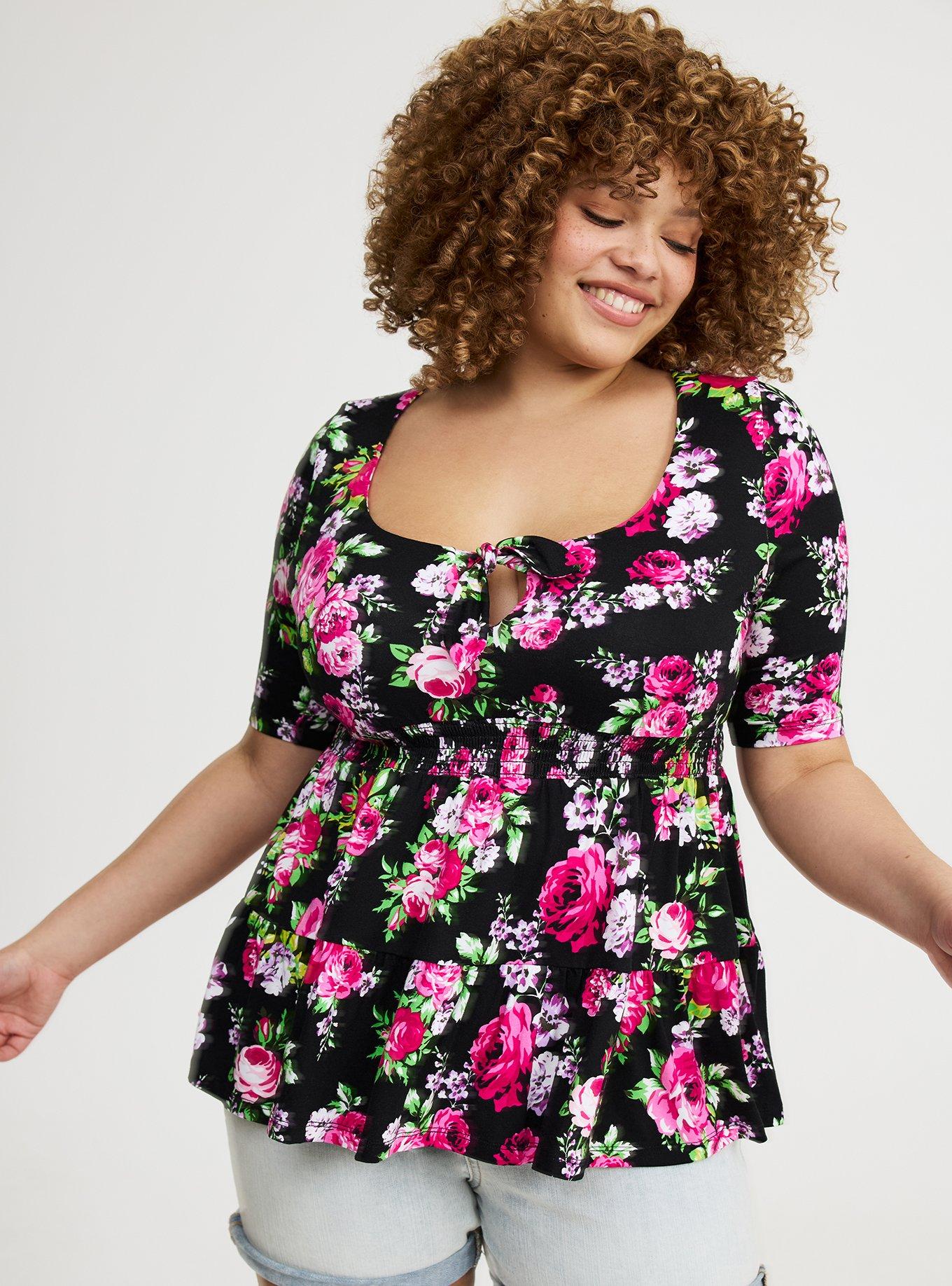 Plus Size Tie Front Babydoll Top - Y2K Short Sleeve Ribbed Cute Tops For Women, XL To 5XL - View #8