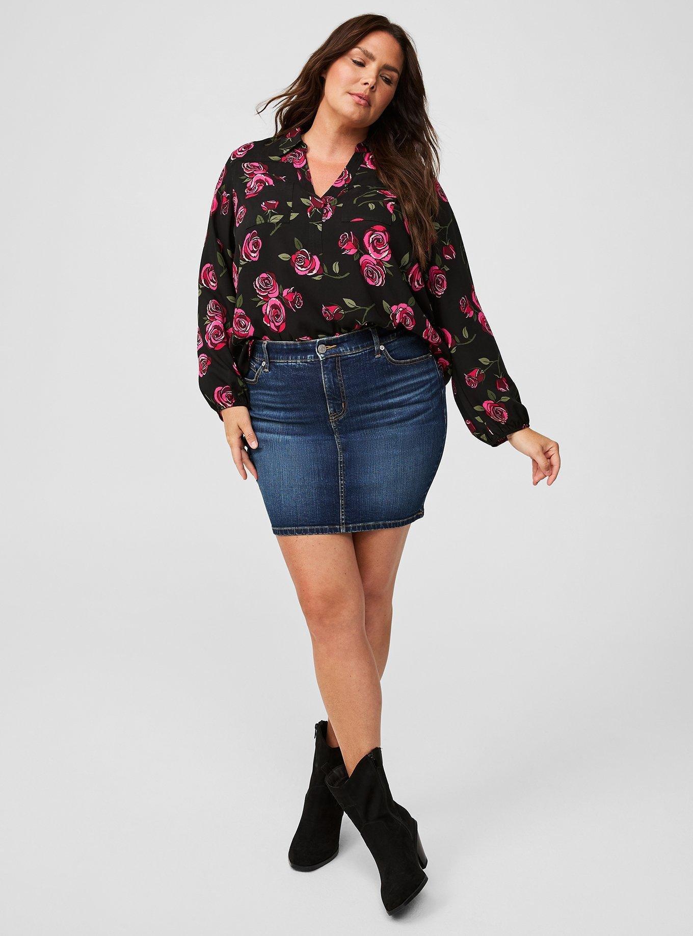 Harper Challis Collared Long Sleeve Blouse, SKETCHED ROSES FLORAL DEEP BLACK, alternate