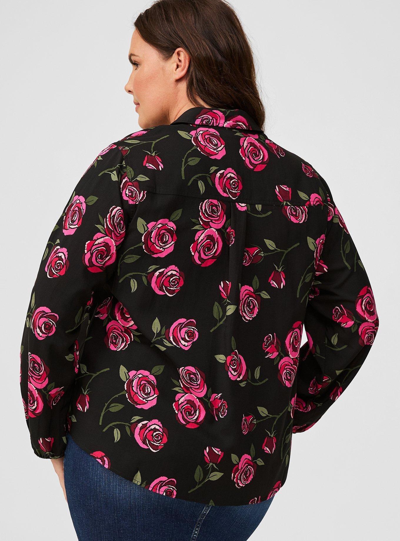 Harper Challis Collared Long Sleeve Blouse, SKETCHED ROSES FLORAL DEEP BLACK, alternate