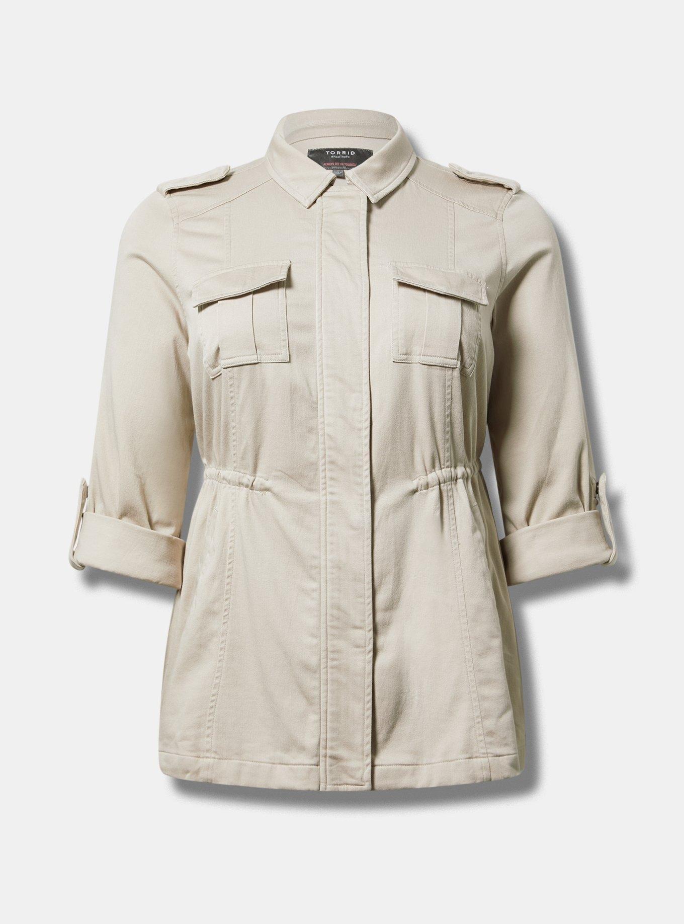 Torrid offers olive green utility jacket stretchy cotton