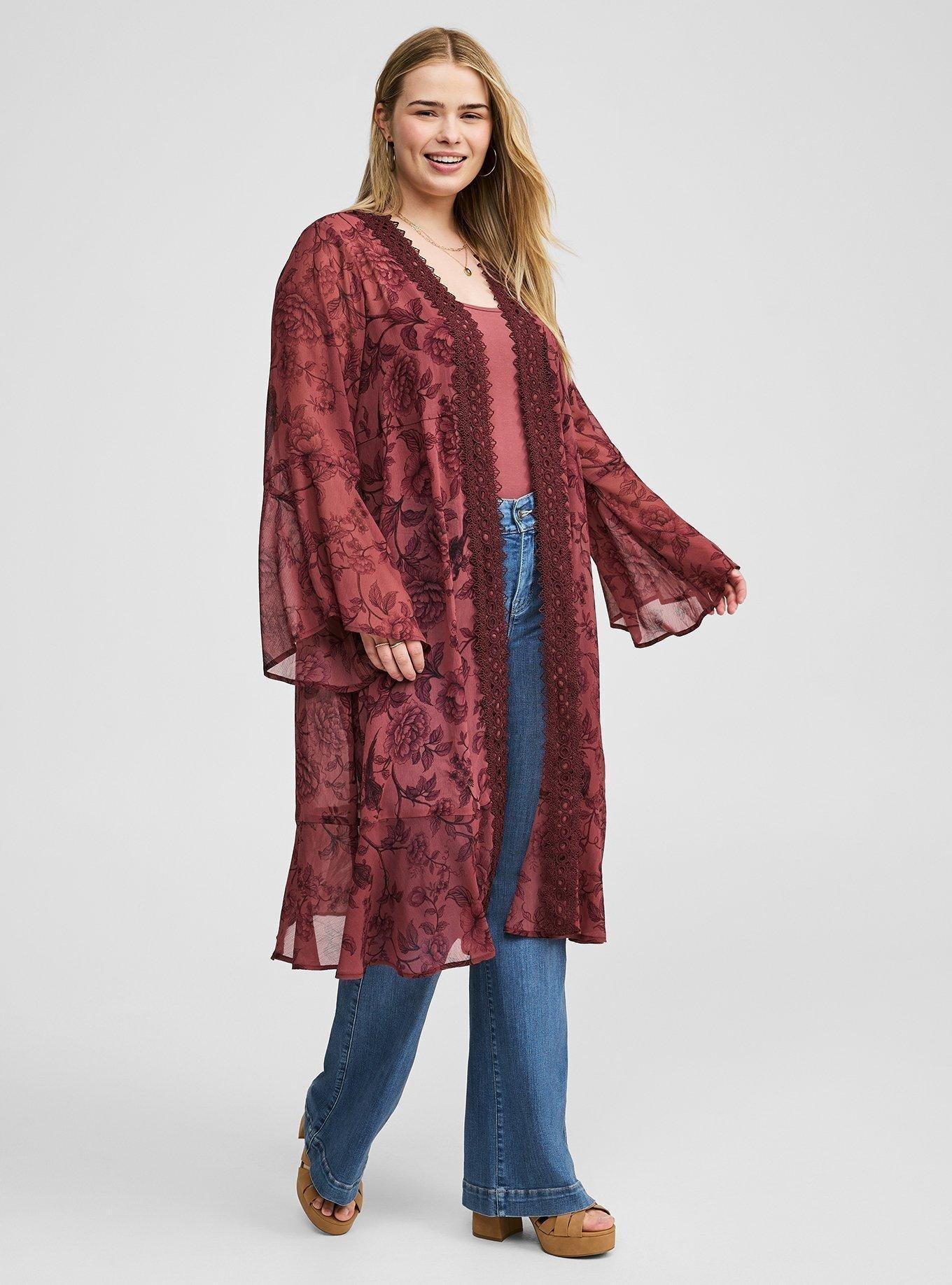 Chiffon Lace Trim Kimono, TOILE FLORAL WILD GINGER, alternate