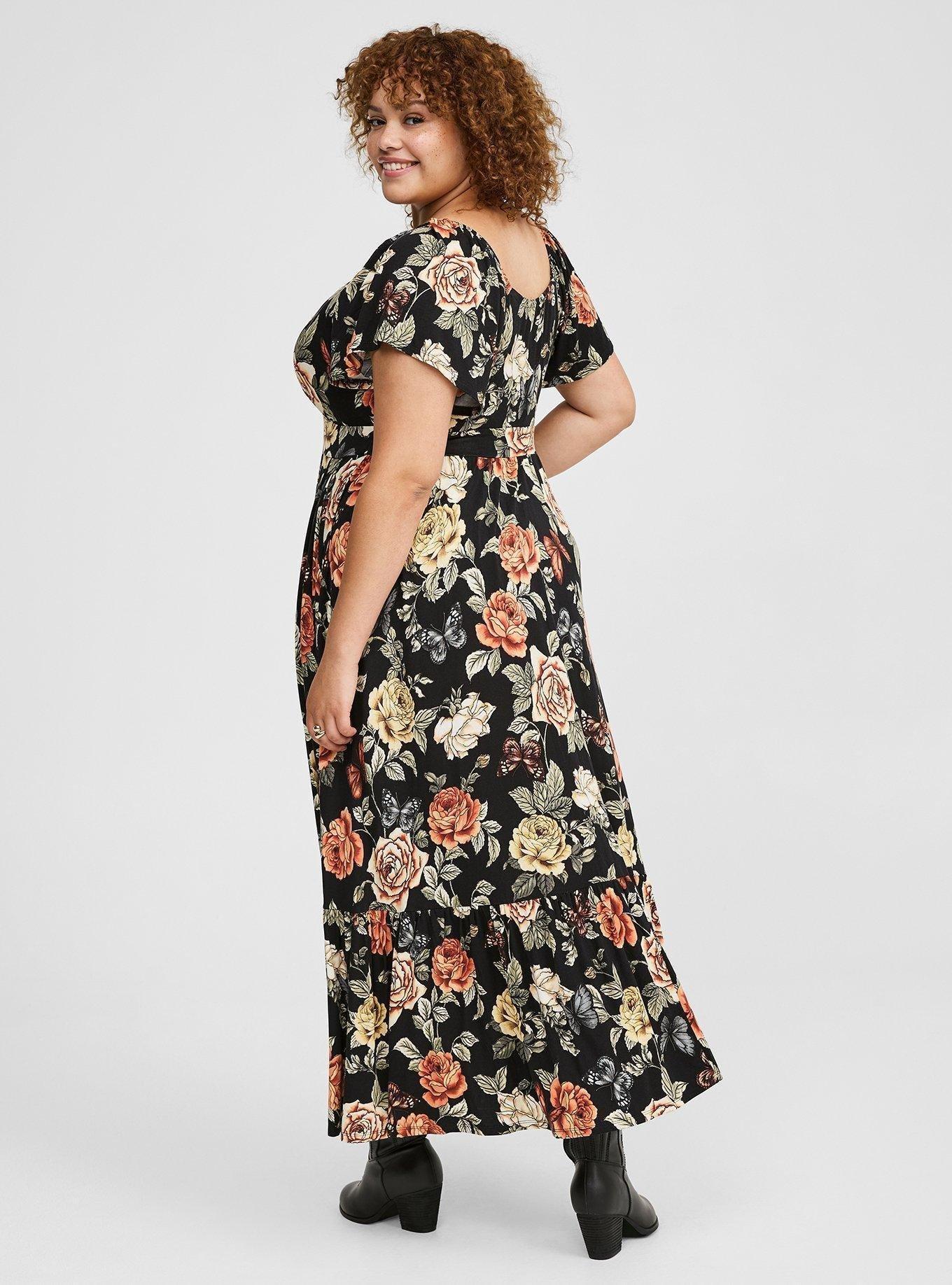 Maxi Jersey Flutter Sleeve Tiered Dress, BUTTERFLY ROSES FLORAL DEEP BLACK, alternate