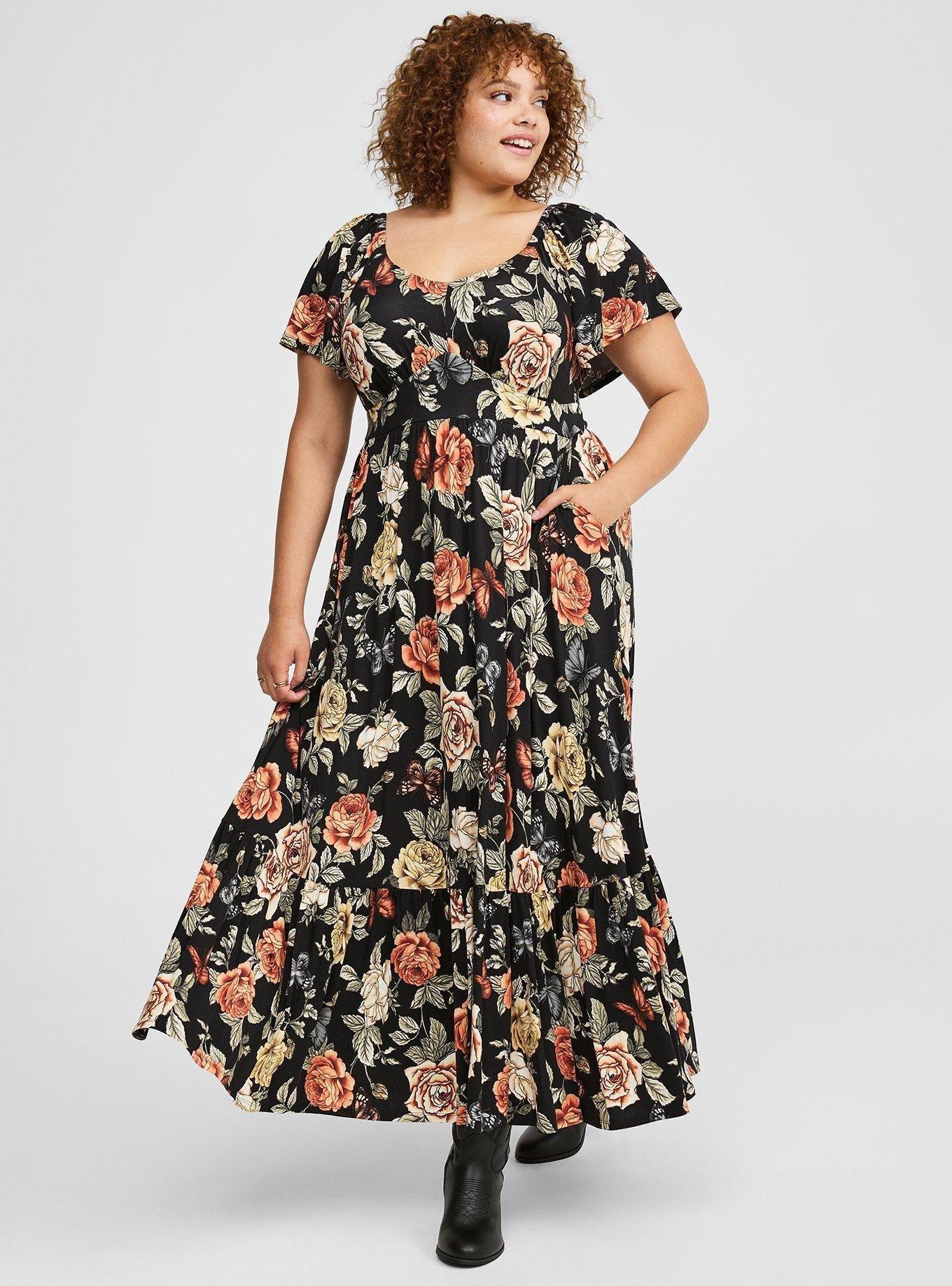 Maxi Jersey Flutter Sleeve Tiered Dress, BUTTERFLY ROSES FLORAL DEEP BLACK, alternate