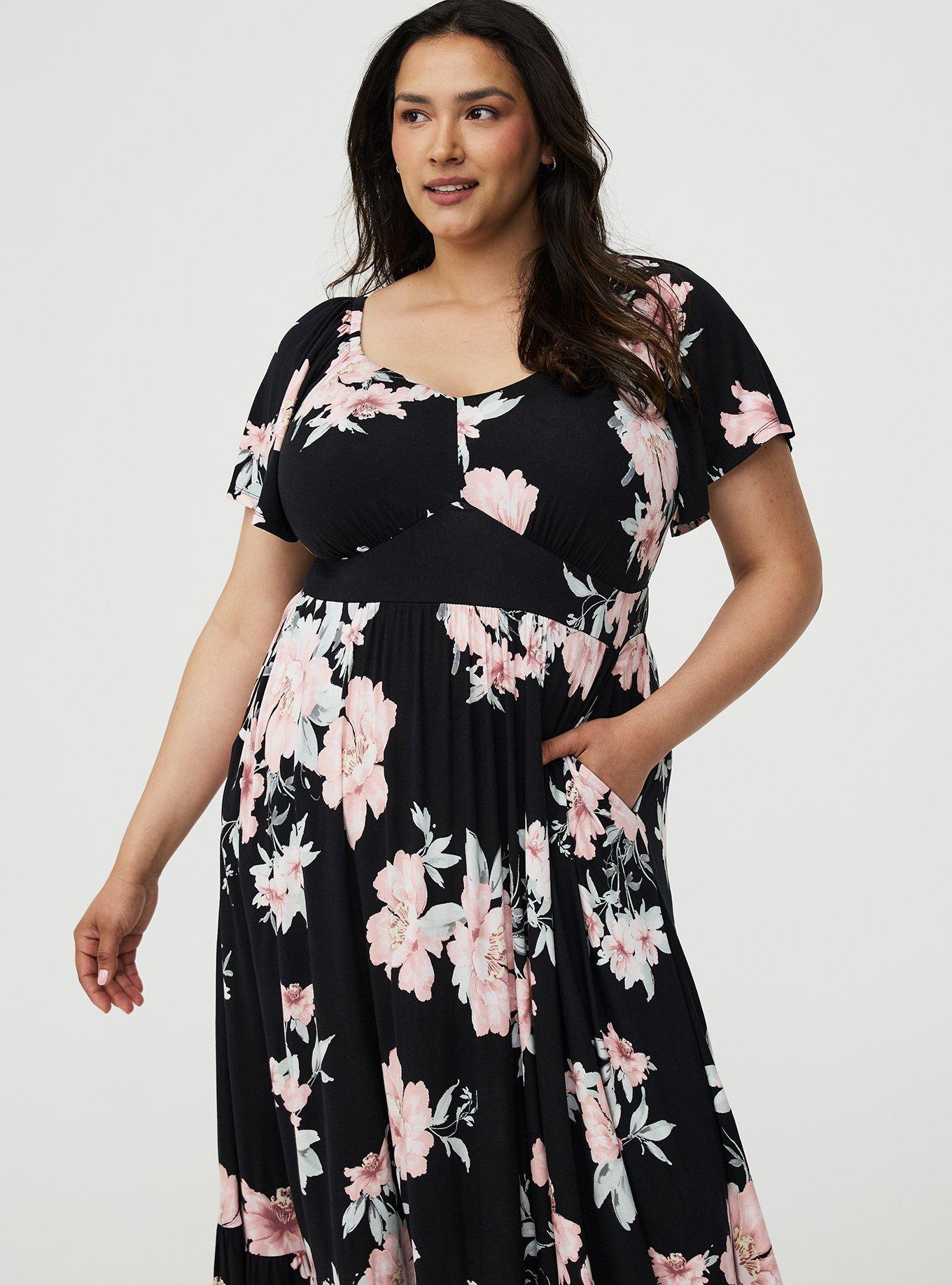 Flutter Sleeve Tiered Maxi Dress, PEACHY FLORAL BLACK LR, alternate