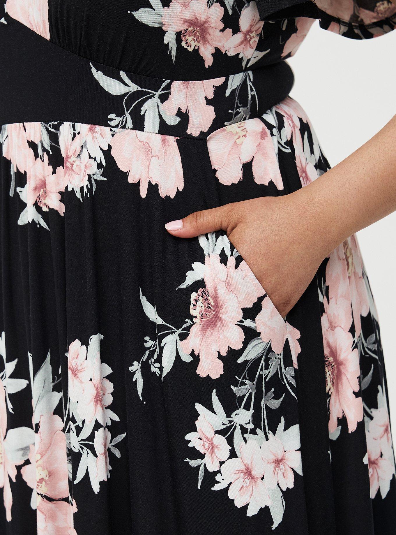 Flutter Sleeve Tiered Maxi Dress, PEACHY FLORAL BLACK LR, alternate