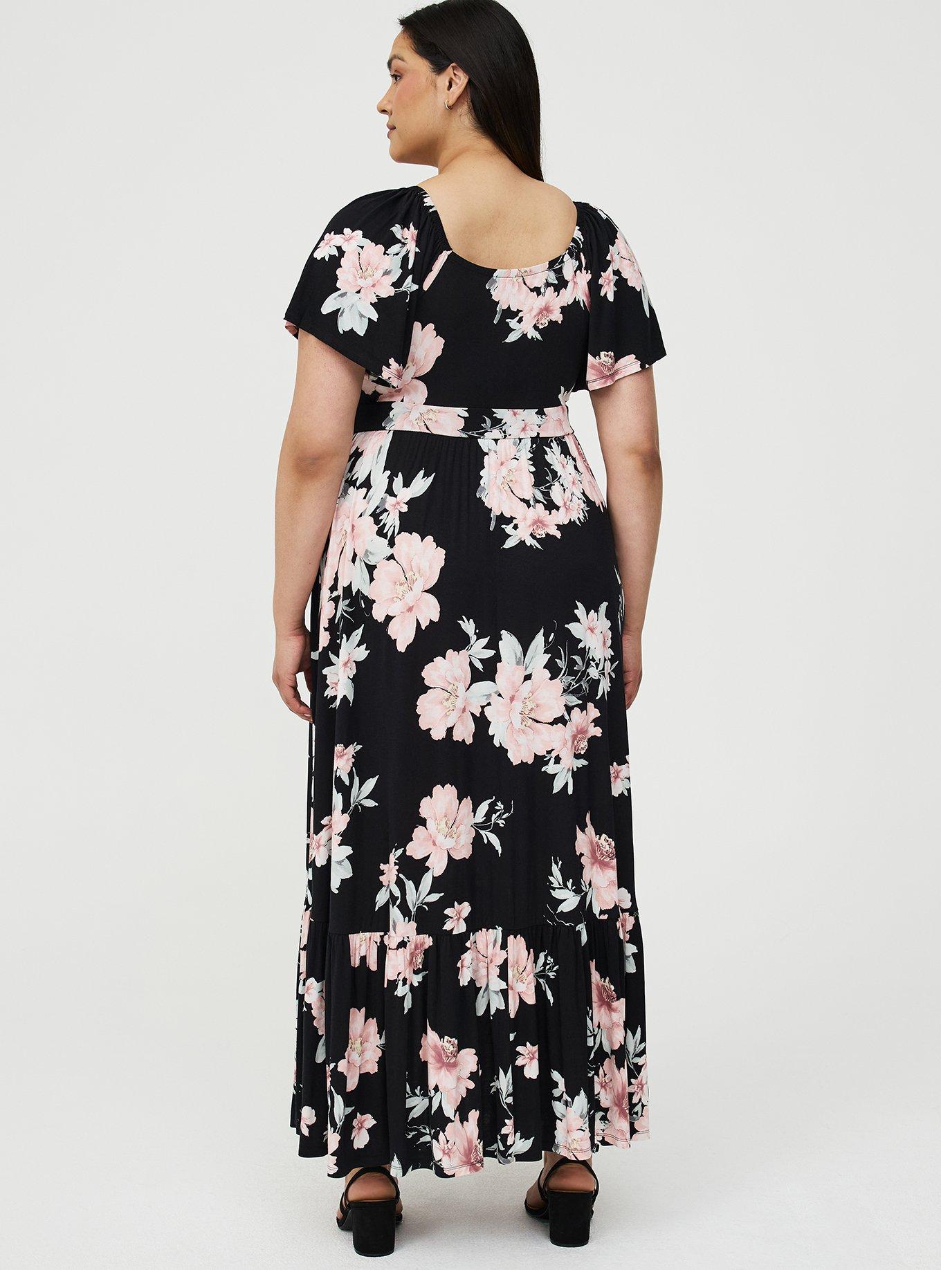 Flutter Sleeve Tiered Maxi Dress, PEACHY FLORAL BLACK LR, alternate
