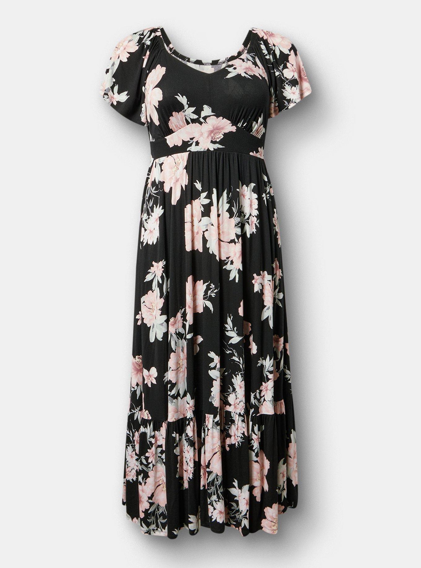 Flutter Sleeve Tiered Maxi Dress, PEACHY FLORAL BLACK LR, hi-res