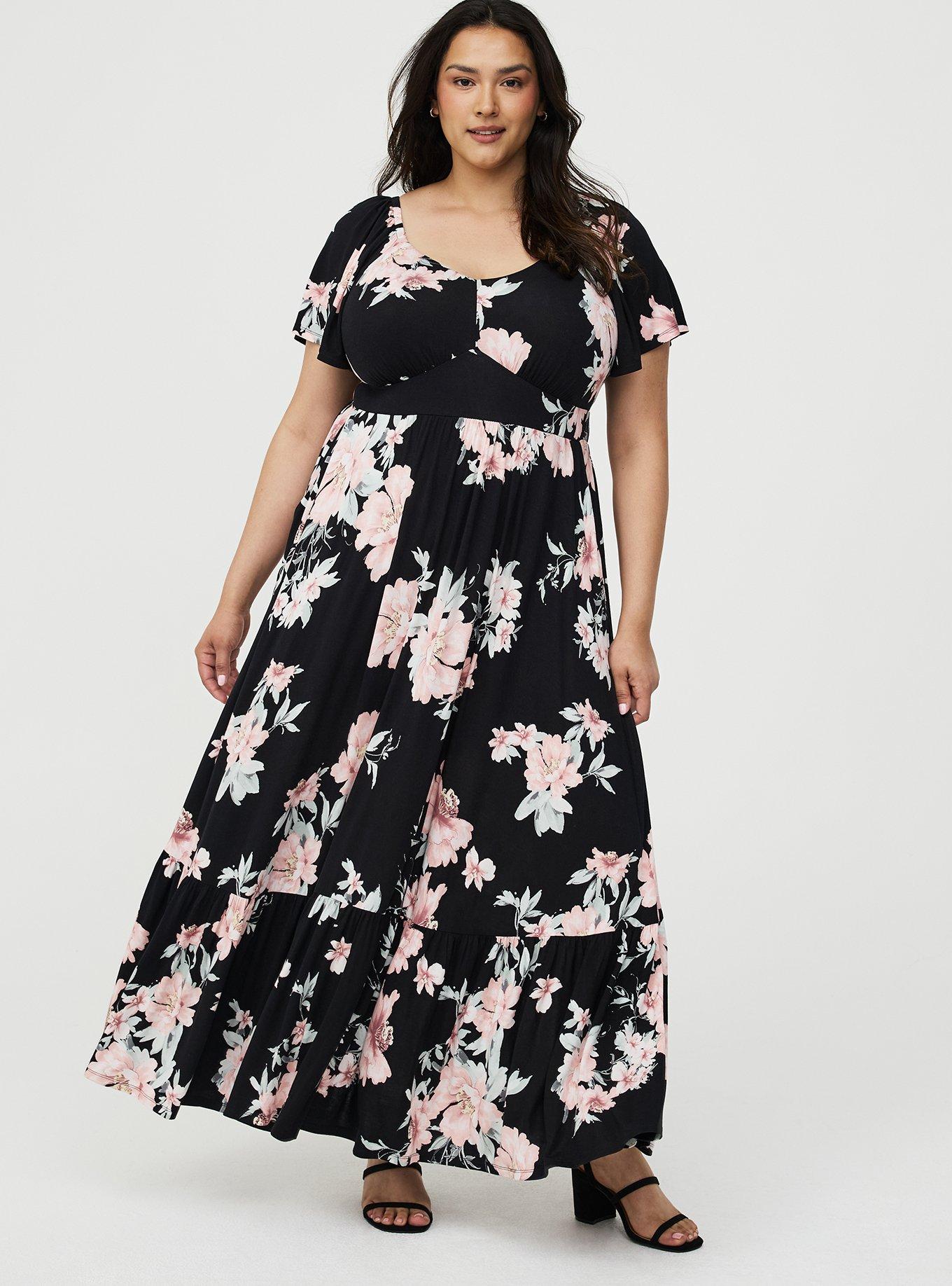 Flutter Sleeve Tiered Maxi Dress, PEACHY FLORAL BLACK LR, hi-res