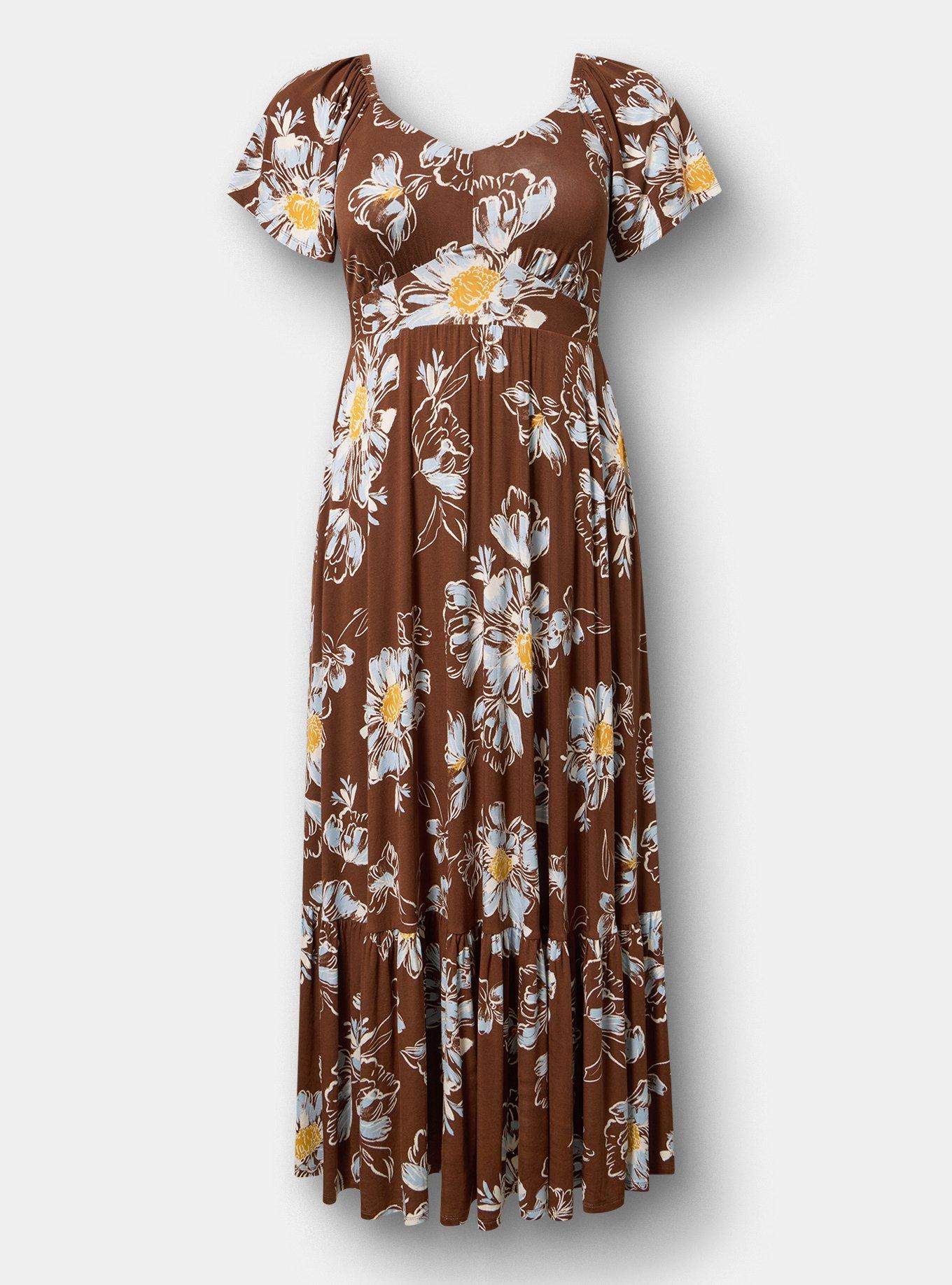Flutter Sleeve Tiered Maxi Dress, MARIAM FLORAL BROWN, hi-res
