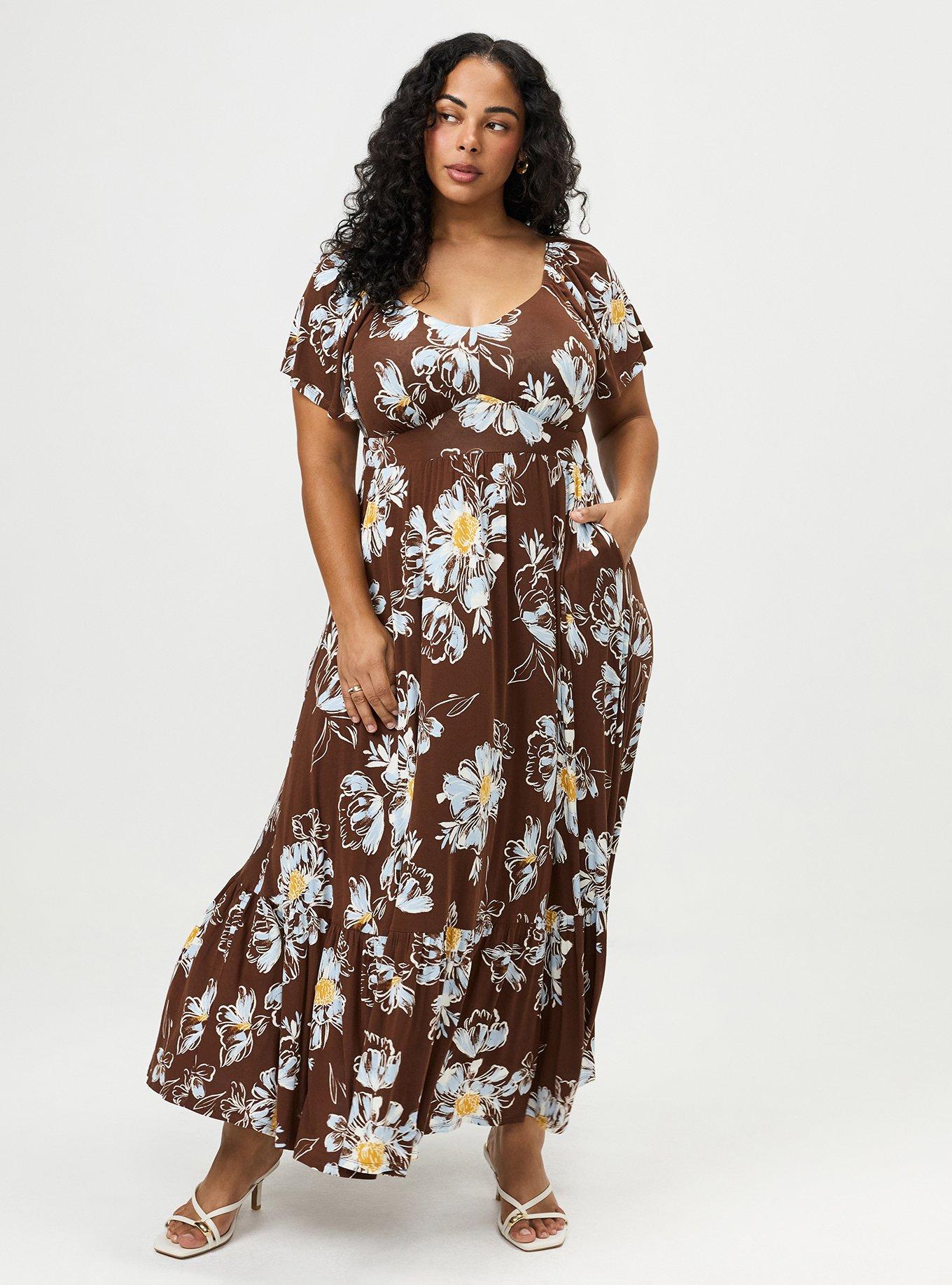 Flutter Sleeve Tiered Maxi Dress, MARIAM FLORAL BROWN, hi-res