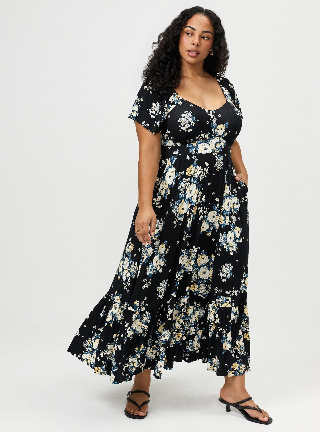 Flutter Sleeve Tiered Maxi Dress, MARCIE ROSE FLORAL BLACK, hi-res