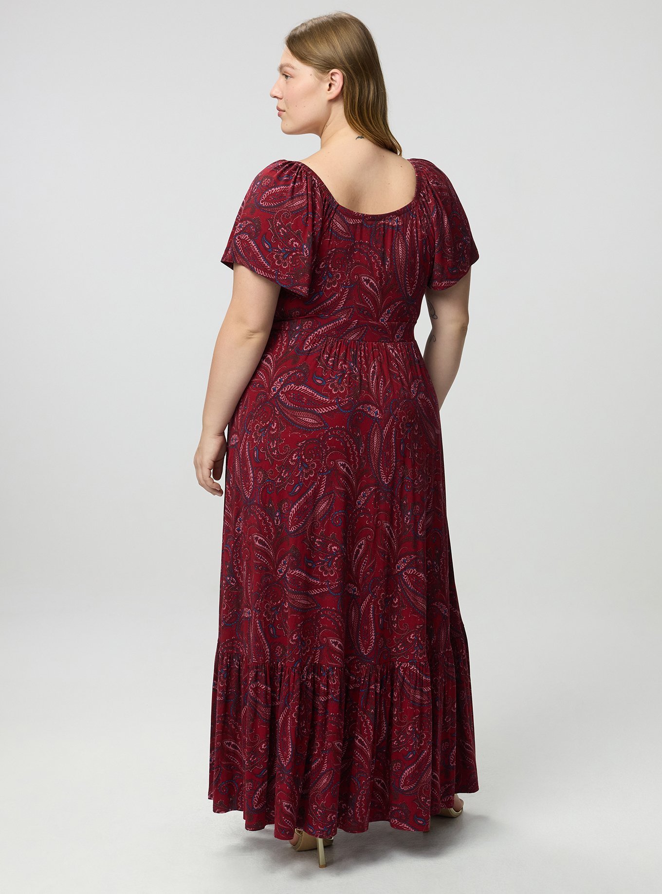 Flutter Sleeve Tiered Maxi Dress, FRENCH PAISLEY BURGUNDY, alternate