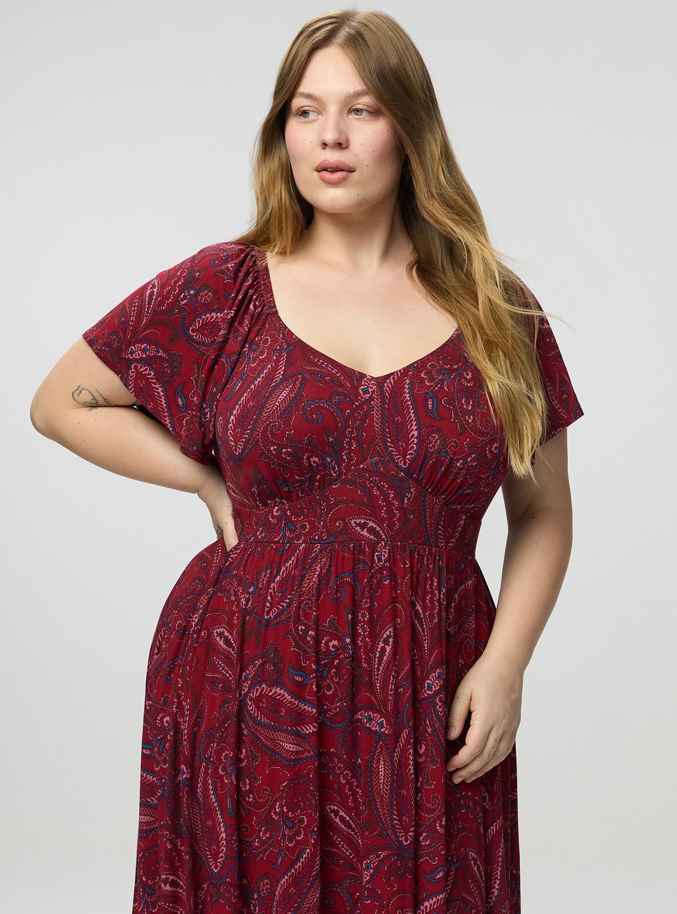 Flutter Sleeve Tiered Maxi Dress, FRENCH PAISLEY BURGUNDY, alternate
