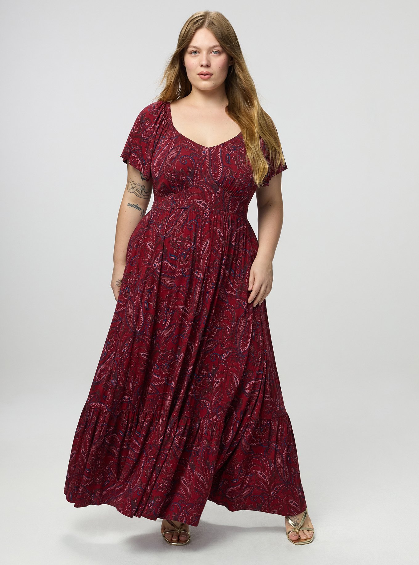 Flutter Sleeve Tiered Maxi Dress, FRENCH PAISLEY BURGUNDY, alternate
