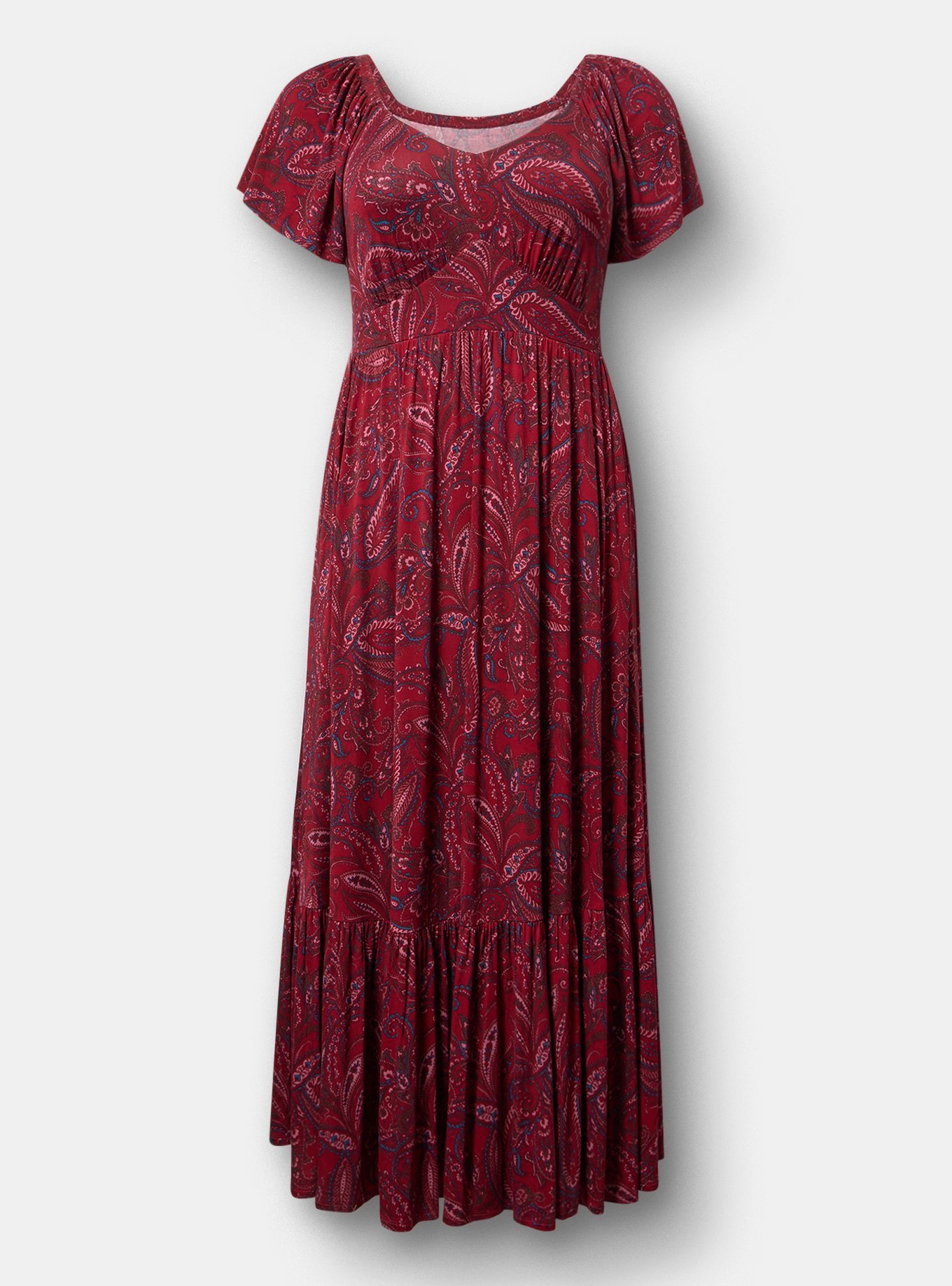 Flutter Sleeve Tiered Maxi Dress, FRENCH PAISLEY BURGUNDY, hi-res