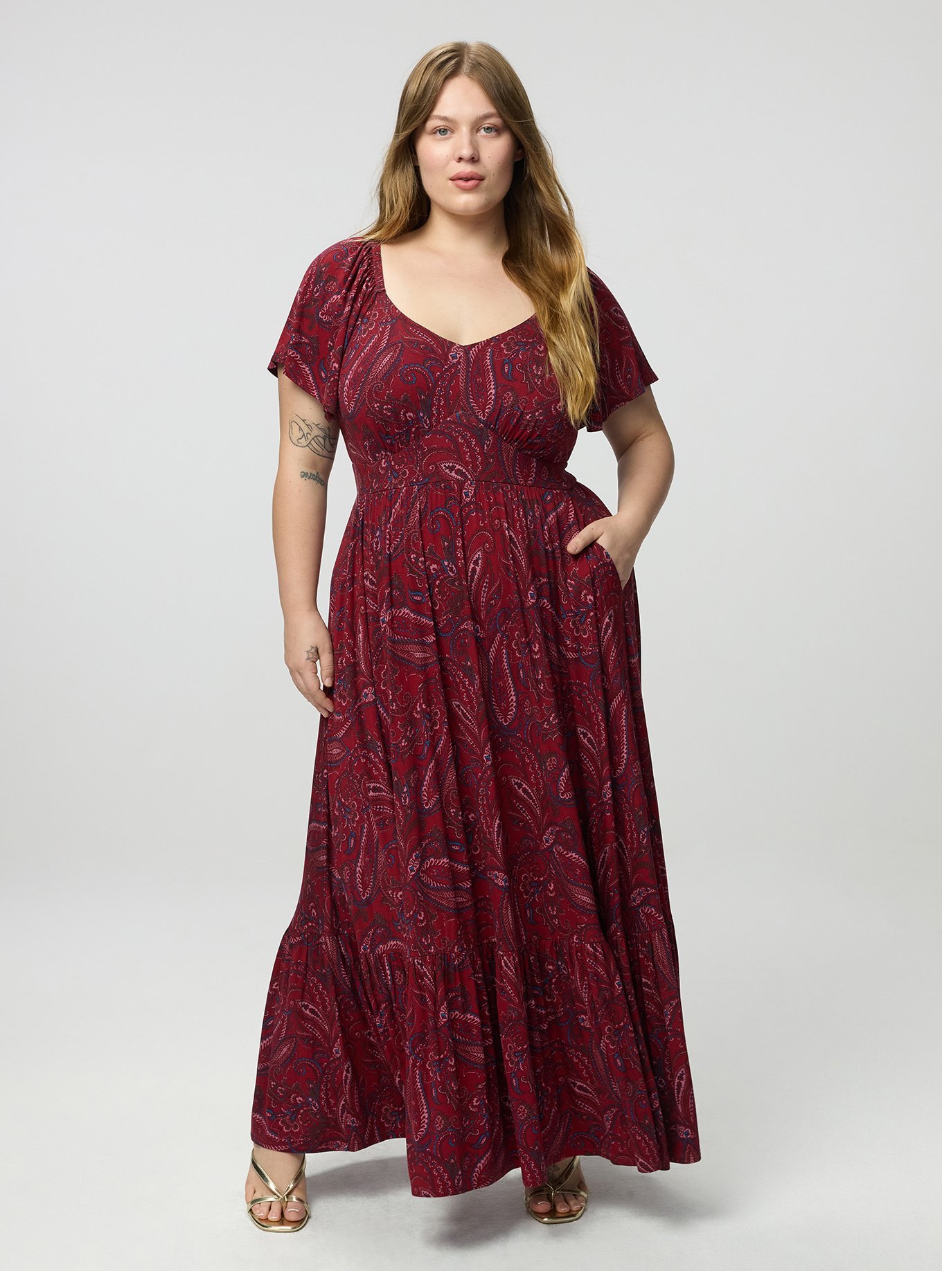 Flutter Sleeve Tiered Maxi Dress, FRENCH PAISLEY BURGUNDY, hi-res