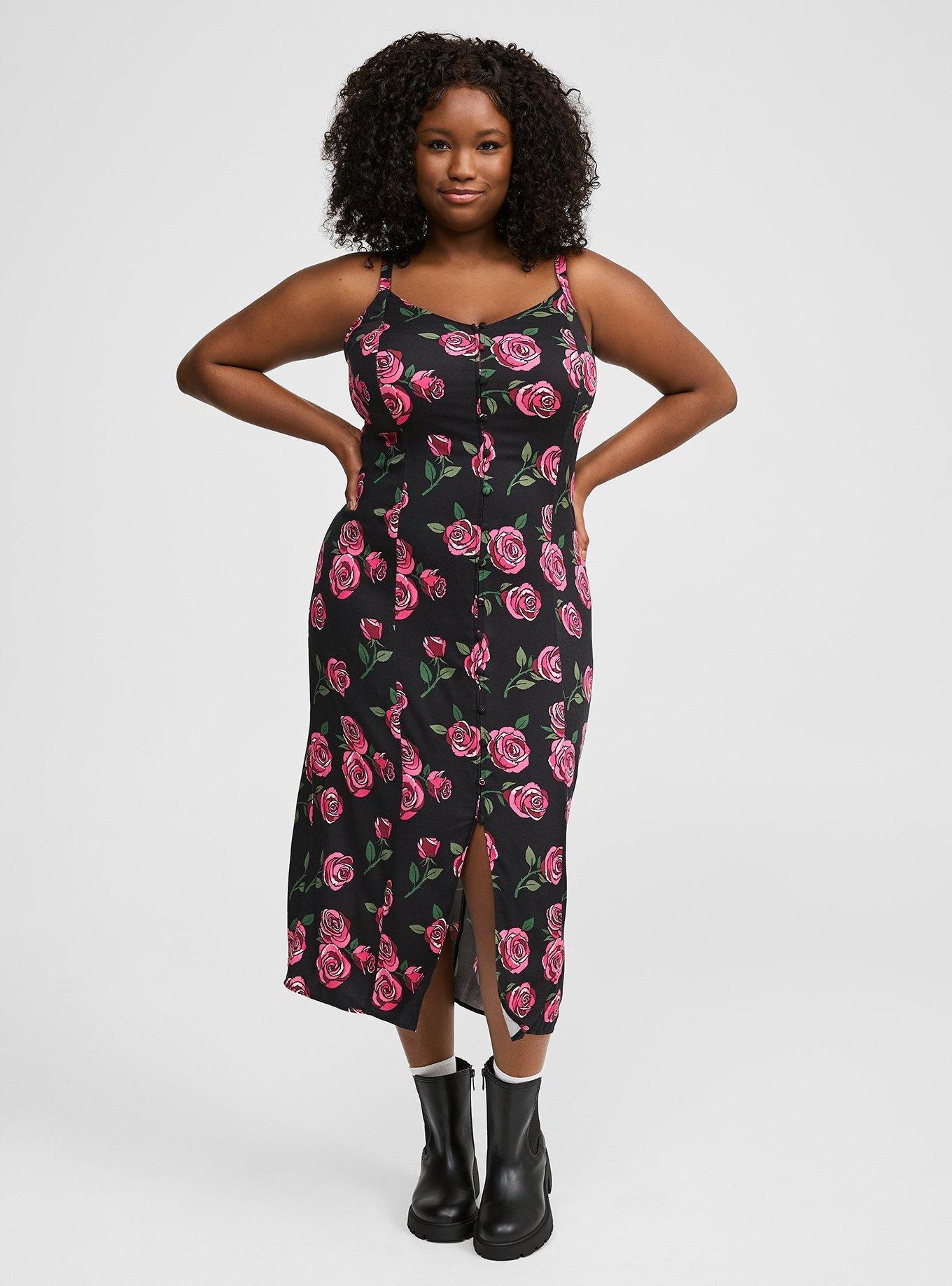 Tea Length Stretch Challis Lace-Up Slip Dress, SKETCHED ROSES FLORAL DEEP BLACK, alternate