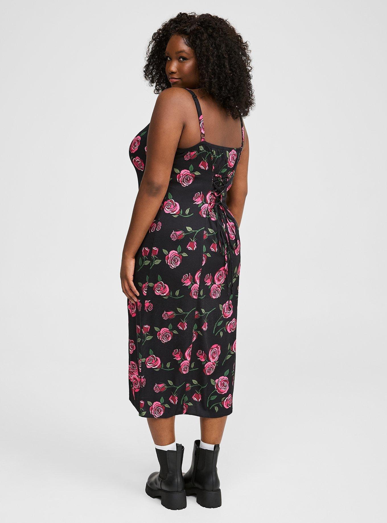 Tea Length Stretch Challis Lace-Up Slip Dress, SKETCHED ROSES FLORAL DEEP BLACK, alternate