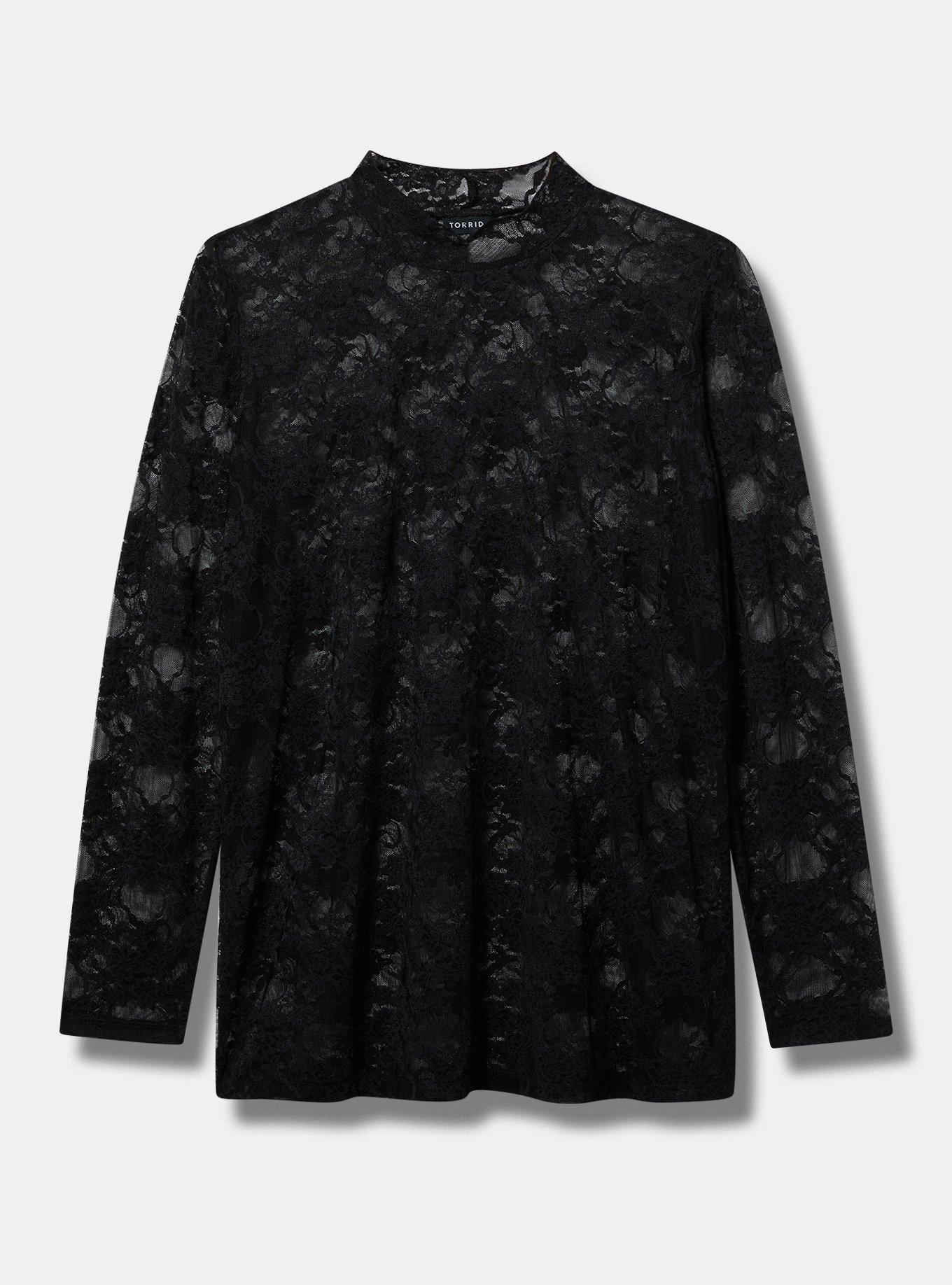 Plus Size - Sheer Stretch Lace Mock Neck Long Sleeve Top