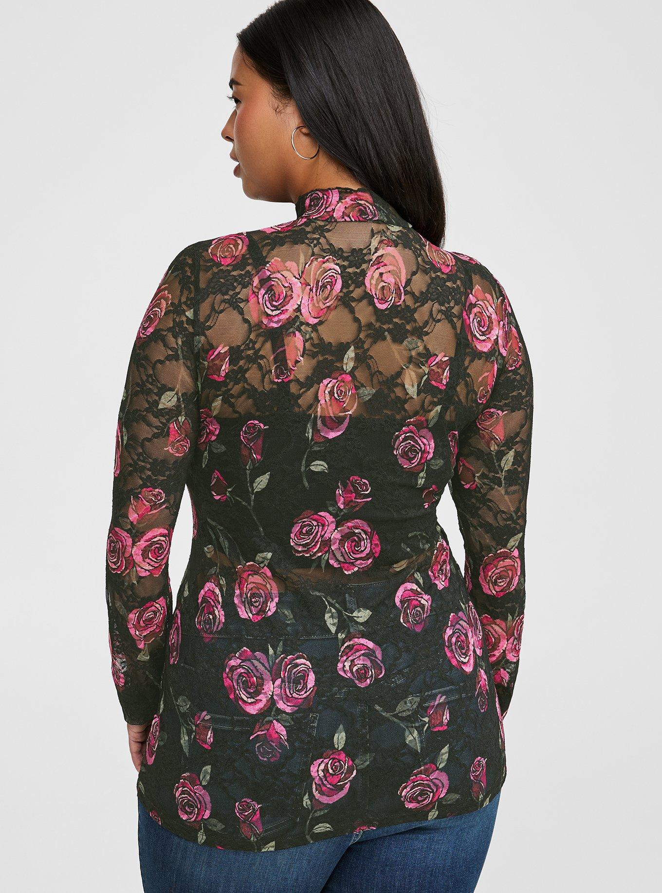 Plus Size - Sheer Stretch Lace Mock Neck Long Sleeve Top