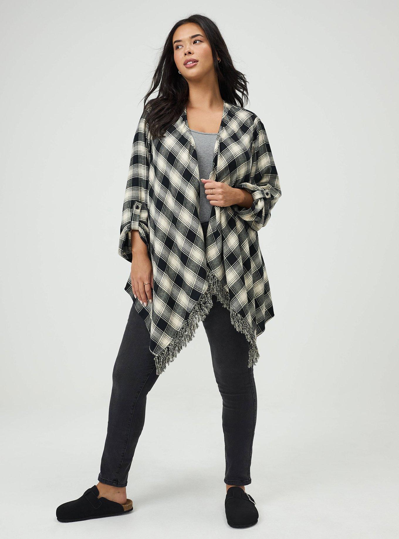 Plus Size Flannel Drape Front Cardigan, LOLLY PLAID IVORY, alternate