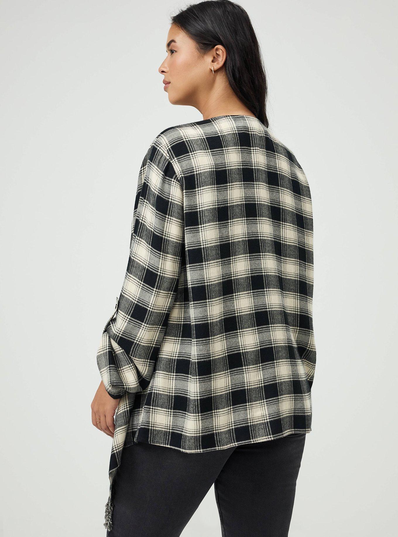 Plus Size Flannel Drape Front Cardigan, LOLLY PLAID IVORY, alternate