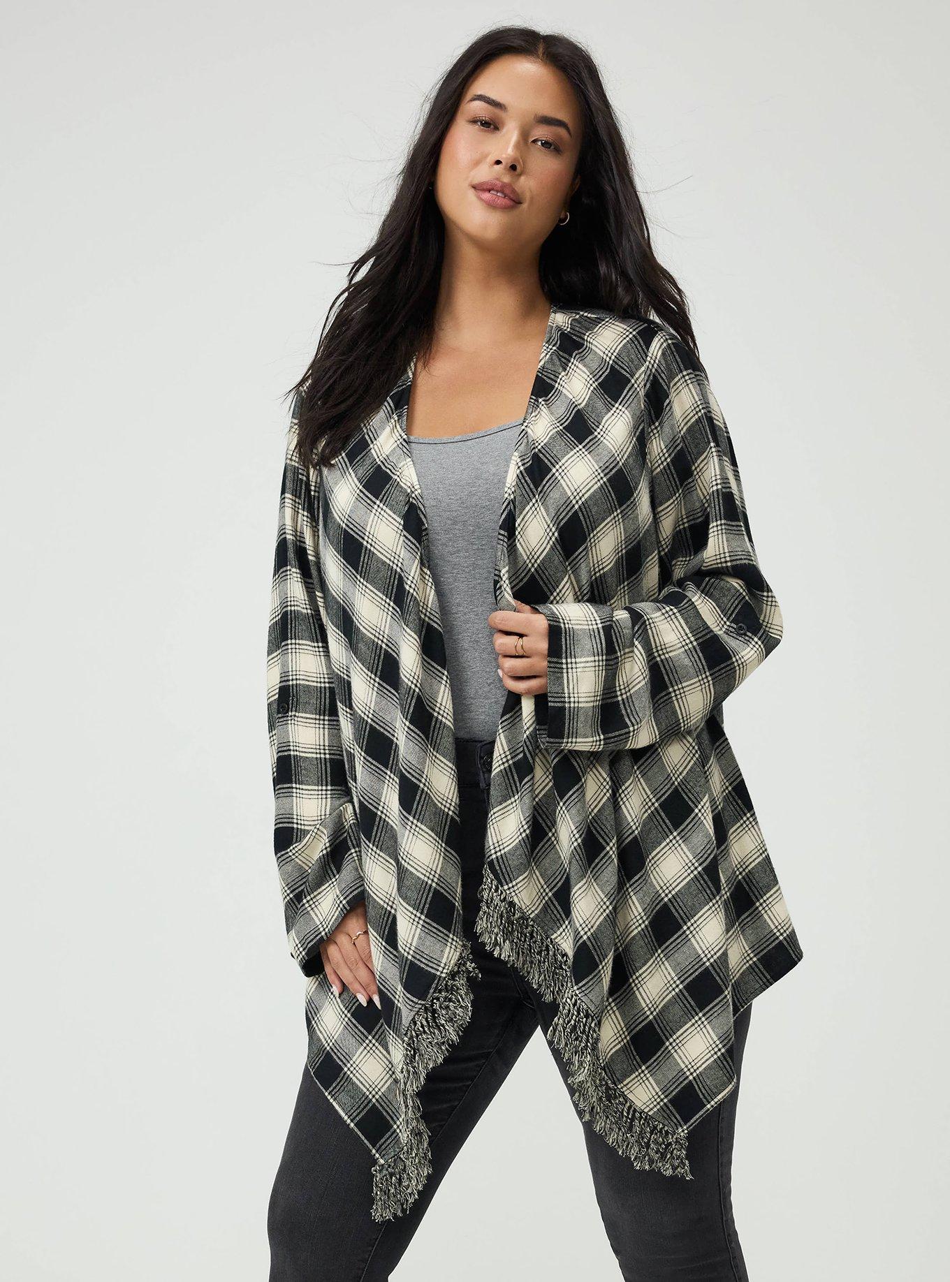 Plus Size Flannel Drape Front Cardigan, LOLLY PLAID IVORY, alternate