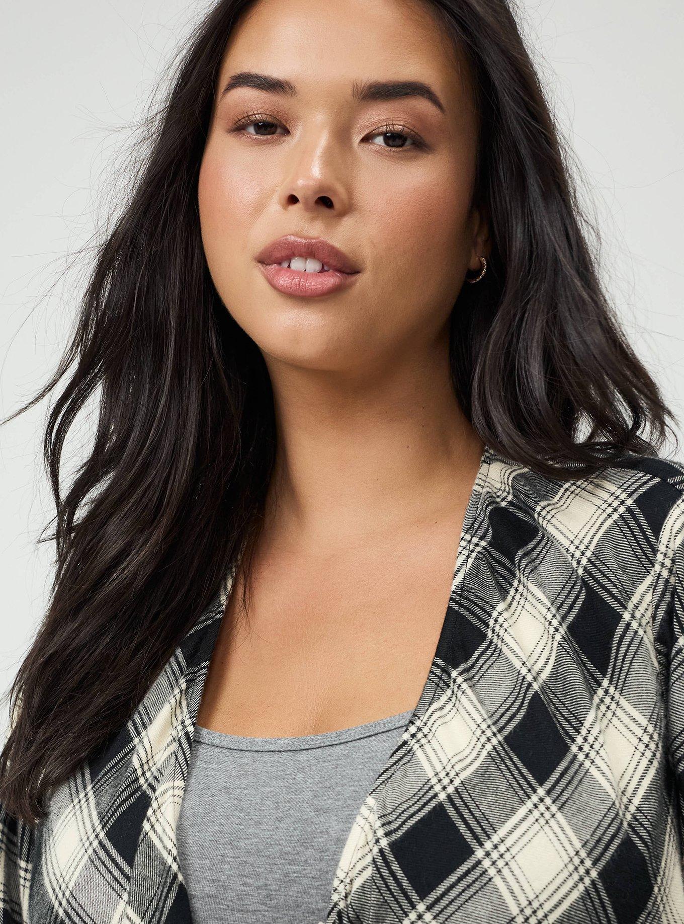 Plus Size Flannel Drape Front Cardigan, LOLLY PLAID IVORY, alternate