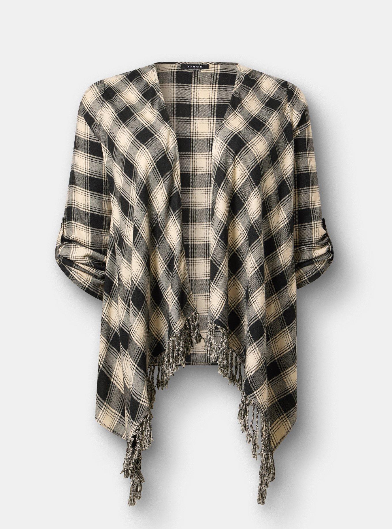 Plus Size Flannel Drape Front Kimono, LOLLY PLAID IVORY, flat